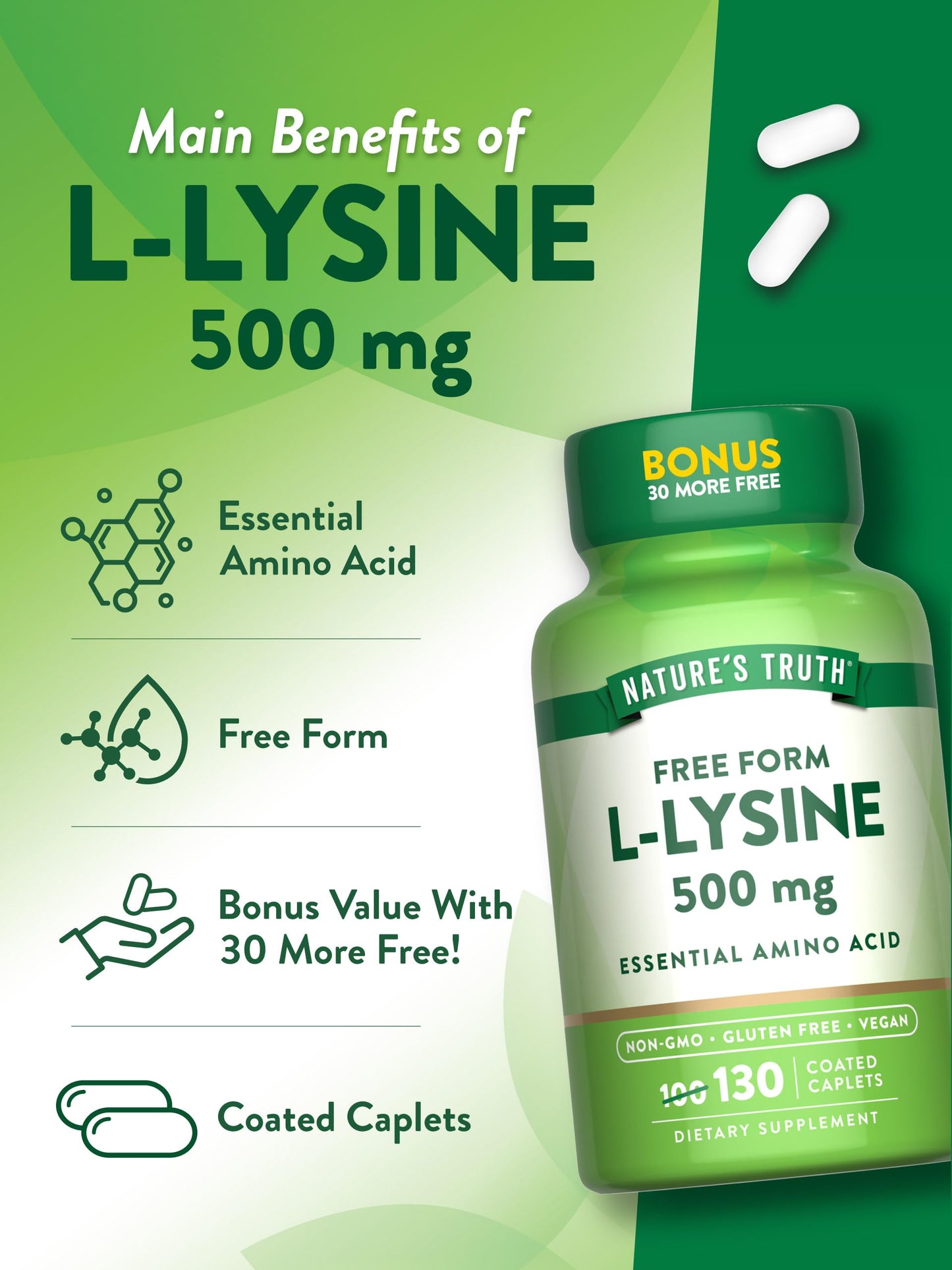 Nature's Truth L-Lysine 500mg Caplets, 130 Count