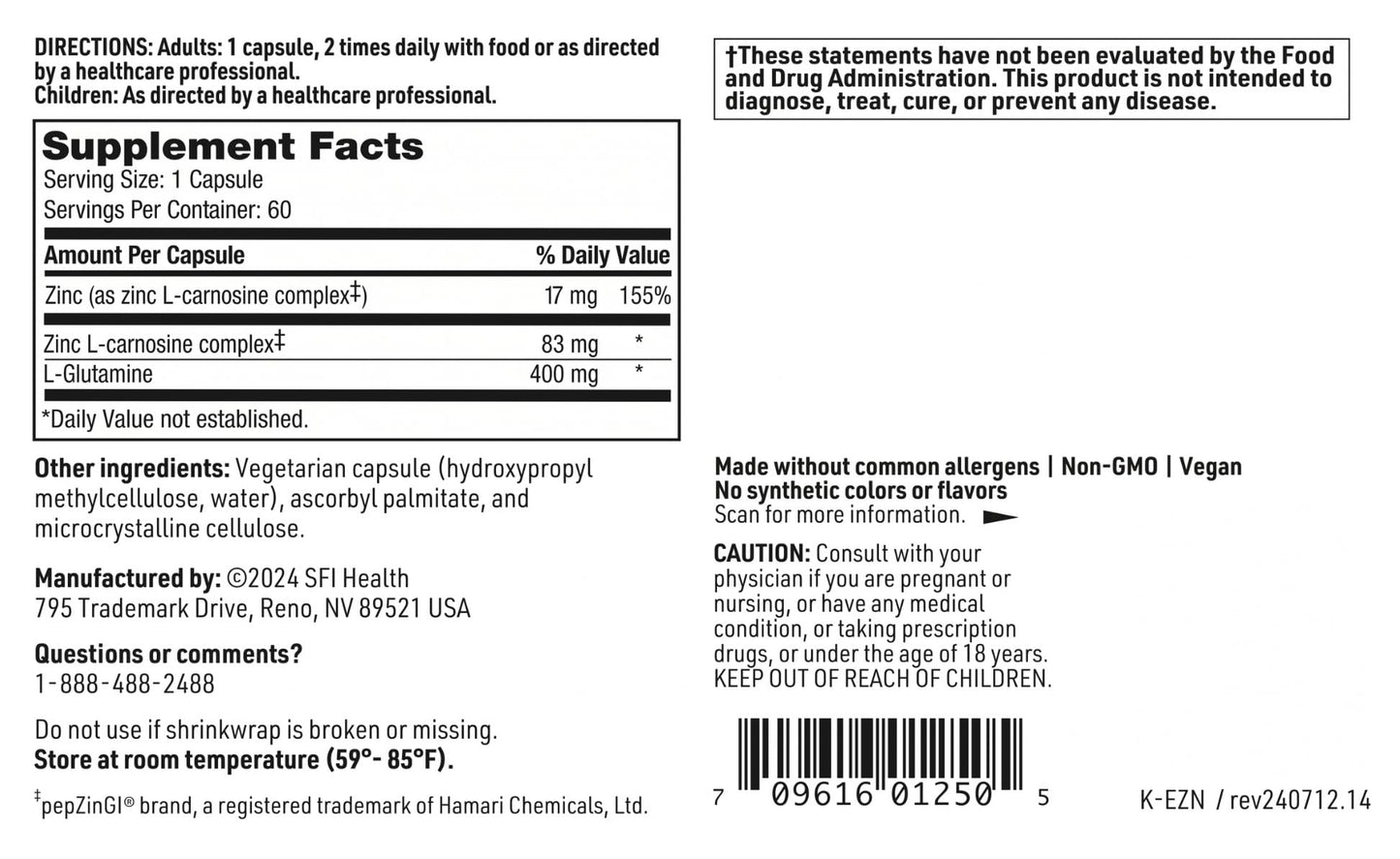SFI Health Klaire Labs Endozin Zinc Carnosine Complex with L-Glutamine to Support Intestinal Barrier Function, Hypoallergenic 60 Capsules