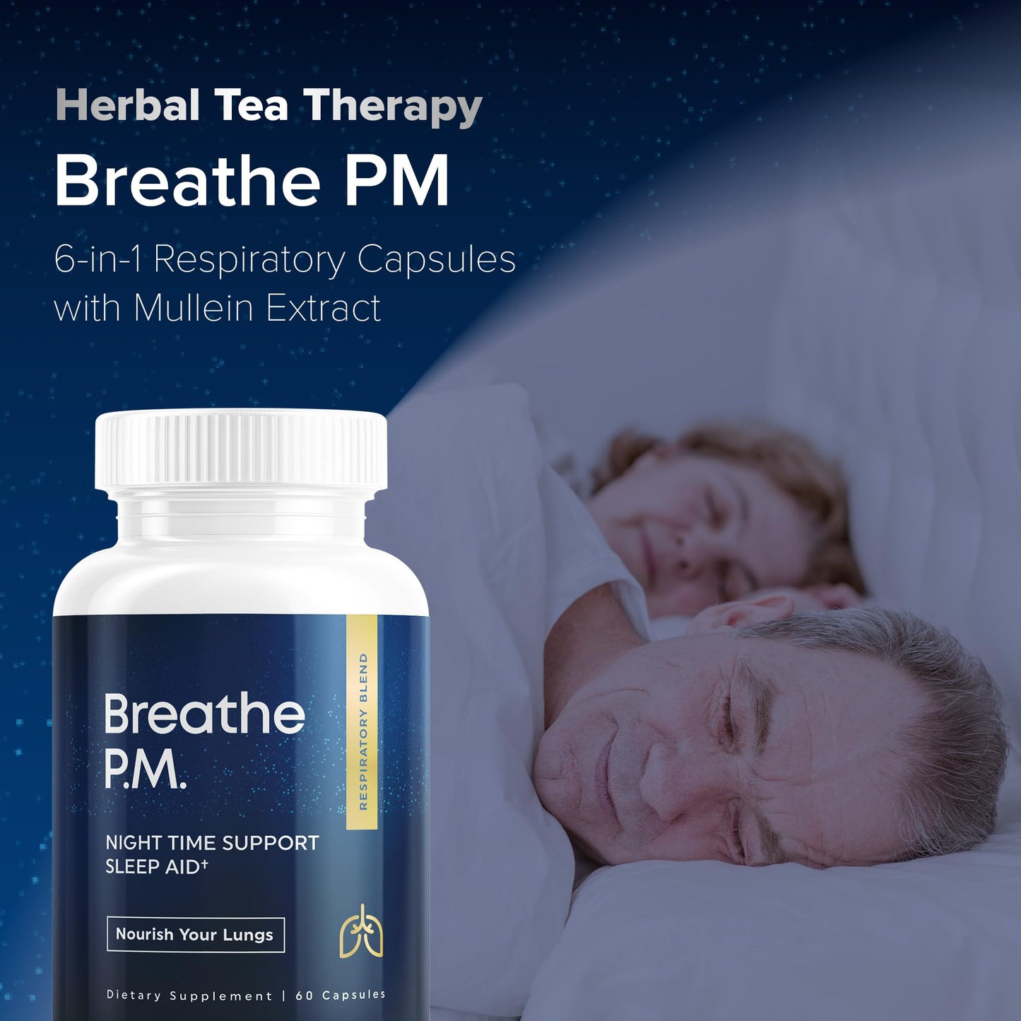 Herbal Tea Therapy BREATHE PM Nighttime 6-in-1 Mullein Capsules for Lung Detox, 60 Capsules