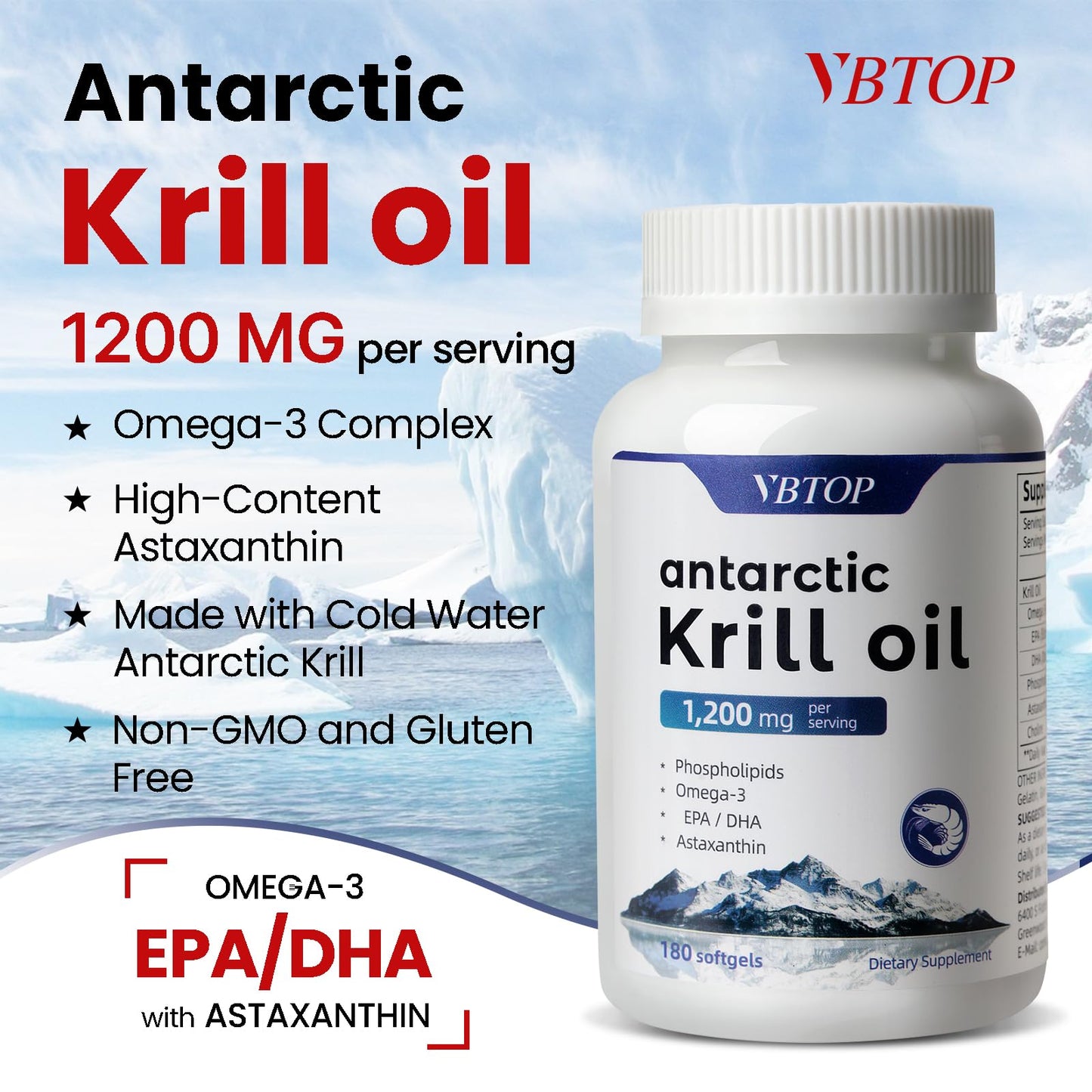 VBTOP Antarctic Krill Oil 1200mg with Omega-3 EPA DHA, Phospholipids, Astaxanthin & Choline, Mercury Free, No Fishy, Supports Heart, Brain & Joint Health Softgels 360
