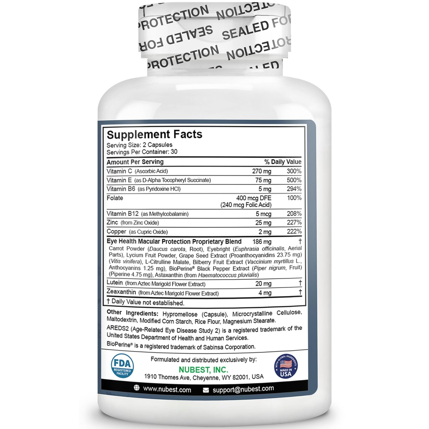 NuBest AREDS 2 Eye Vitamins with Beta Carotene Carrot Powder, 20mg Lutein, 4mg Zeaxanthin, Bilberry, Grape Seed, BioPerine, B-Complex, Multivitamin for Eye Health 120 Capsules