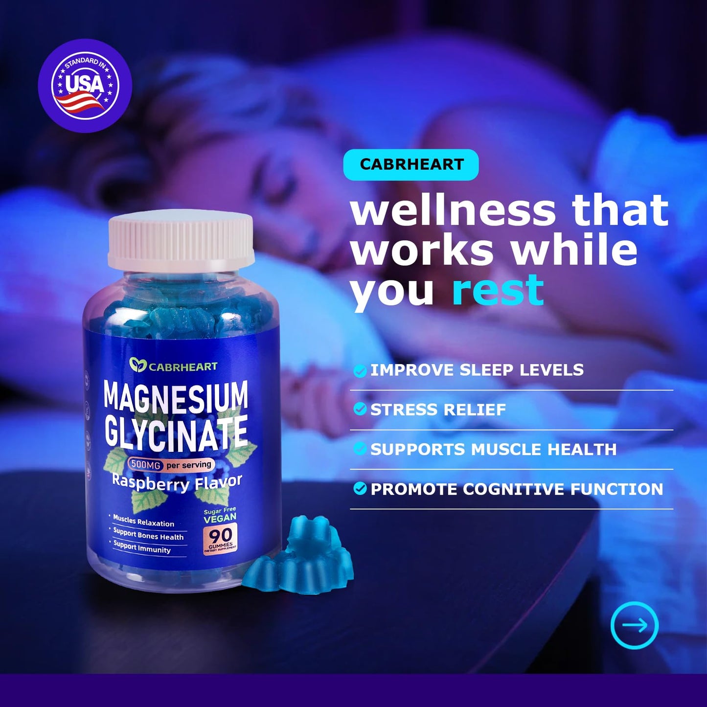 CABRHEART Magnesium Glycinate Gummies 500mg, 90 Count