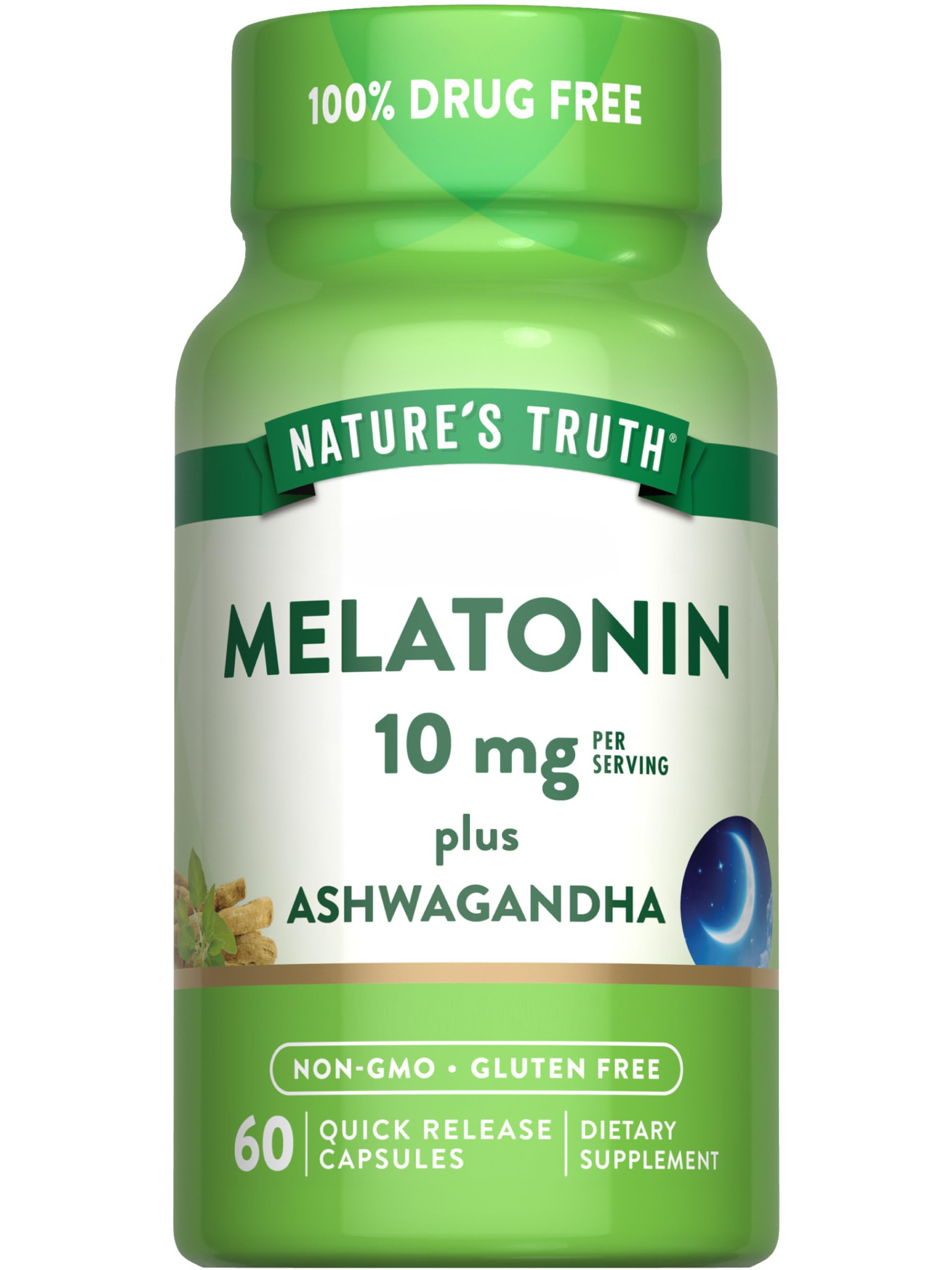 Nature's Truth Melatonin 10mg with Ashwagandha Capsules, 60 Count