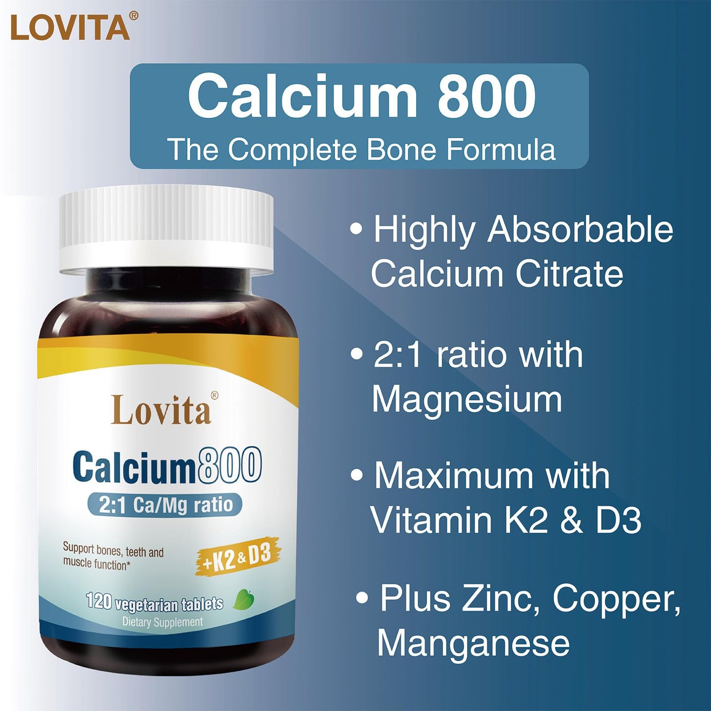 LOVITA Calcium Citrate 800 mg with Magnesium, Vitamin D3 & K2, 360 Tablets