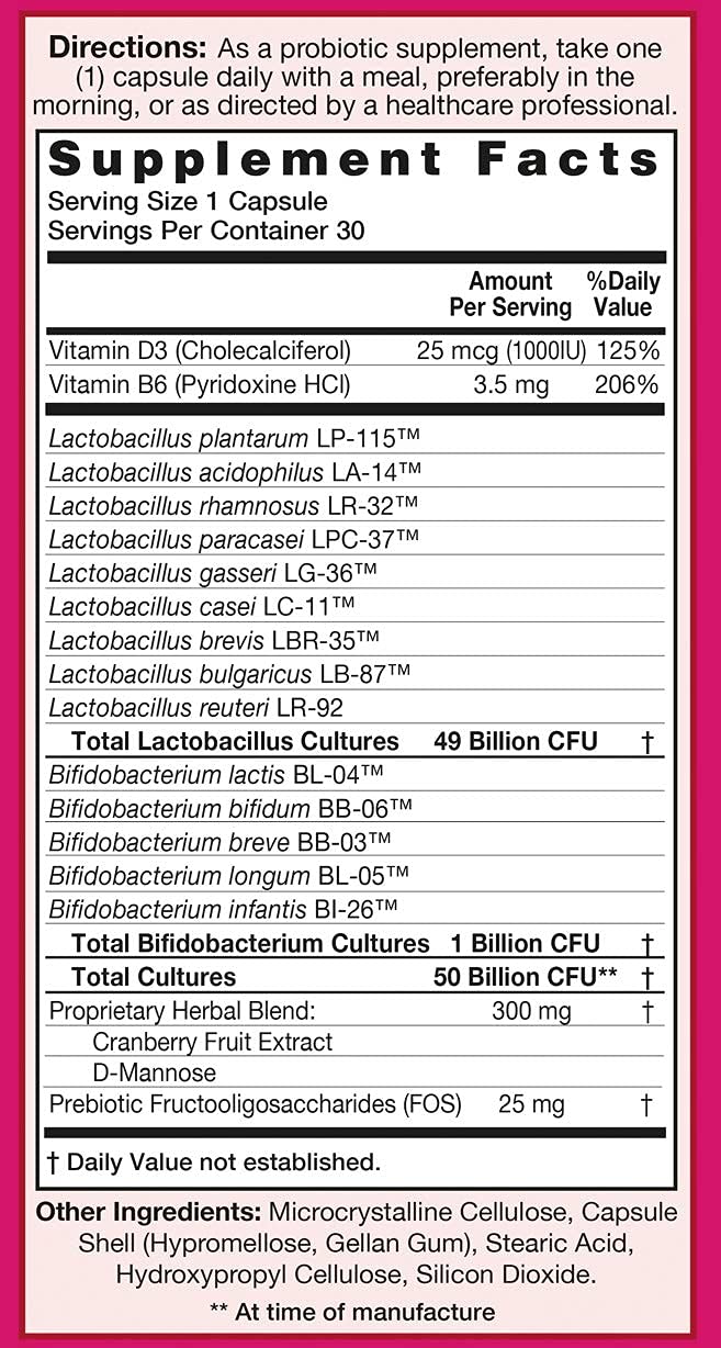 HealthAid UriProbio Women’s Probiotic 50 Billion CFU with Cranberry, D-Mannose & Prebiotic – Capsule, 30 Count