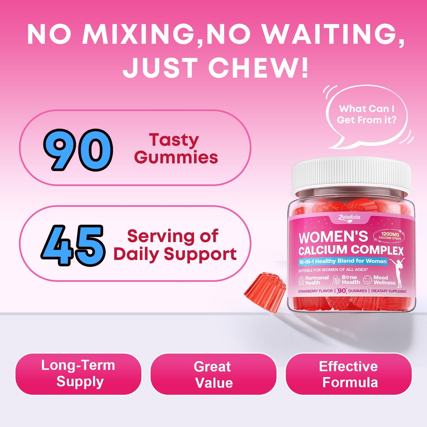 Zetelixia Calcium Gummies for Women with Calcium Citrate 1200mg, Vitamin D3 & K2, Collagen & Biotin, Sugar Free, Non-GMO, Gluten-Free, Strawberry Flavor, 90 Count
