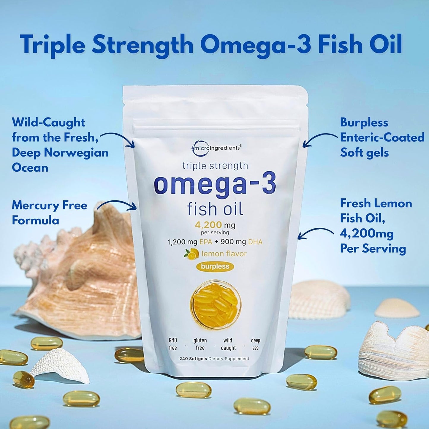 Micro Ingredients Triple Strength Omega-3 Fish Oil Supplements Softgels, 240 Count