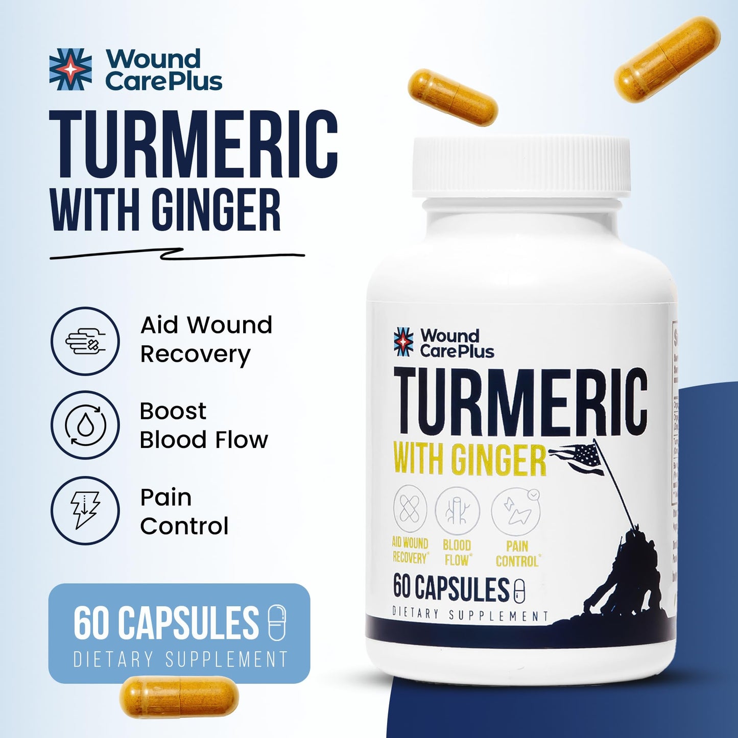 WOUND CAREPLUS Turmeric & Ginger Supplement with Curcumin & Gingerol, 60 Capsules