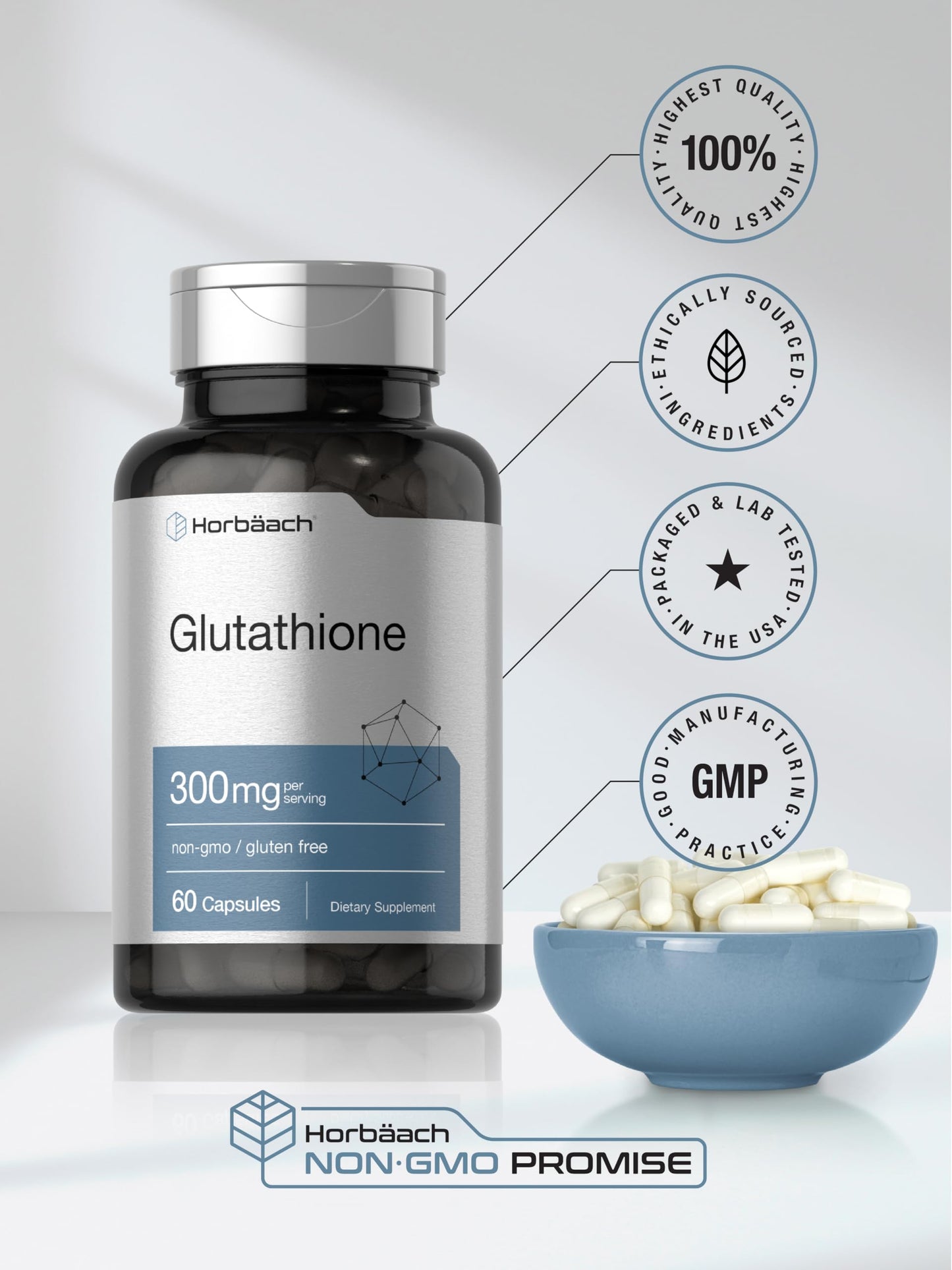 Horbäach Glutathione 300mg Capsules, 60 Count