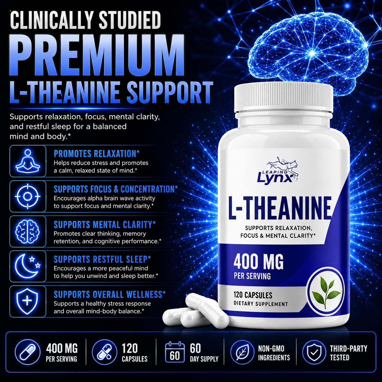 Leaping Lynx L-Theanine 400 mg per Serving (200 mg per Capsule) Powder, 12.5 oz