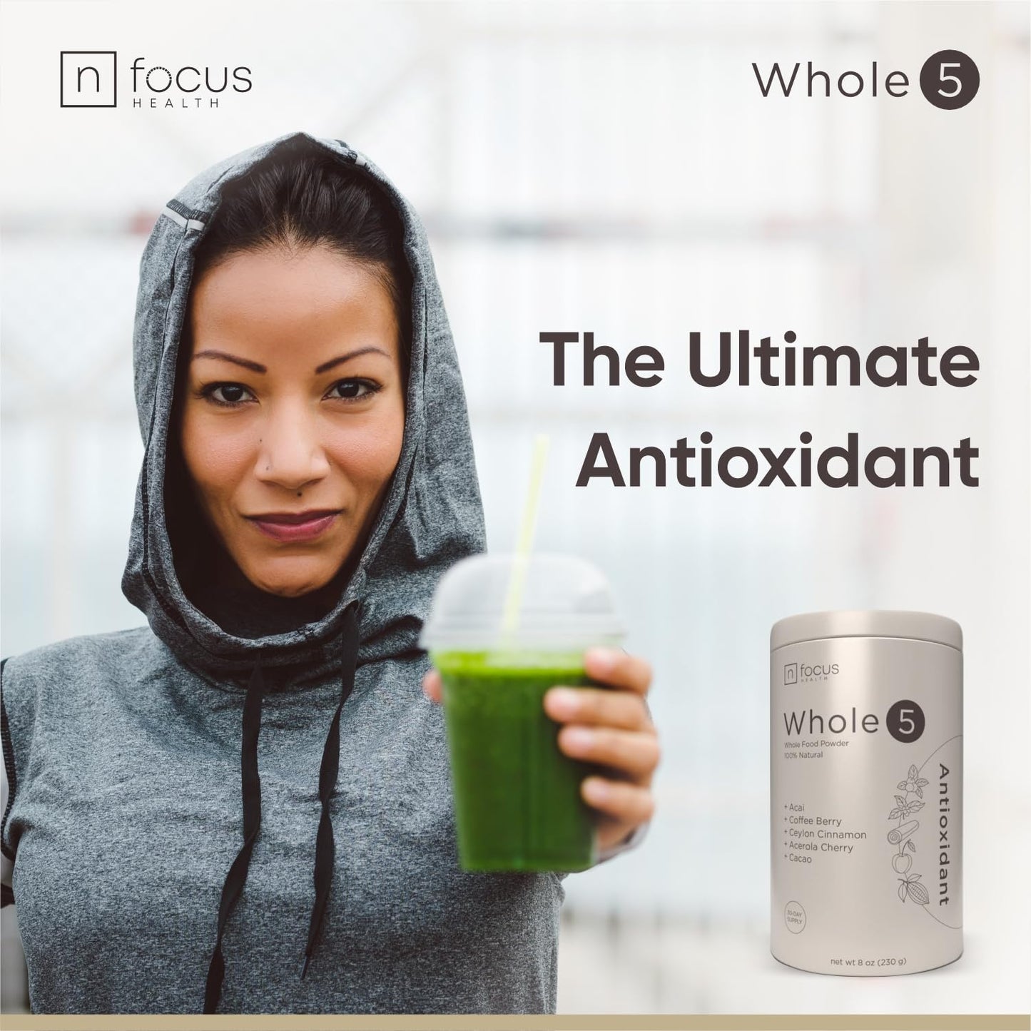 NFOCUS HEALTH Whole5 Antioxidant Superfood Powder Longevity Mix with Acai, Acerola Cherry, Coffee Fruit, Ceylon Cinnamon & Cacao - 8 oz