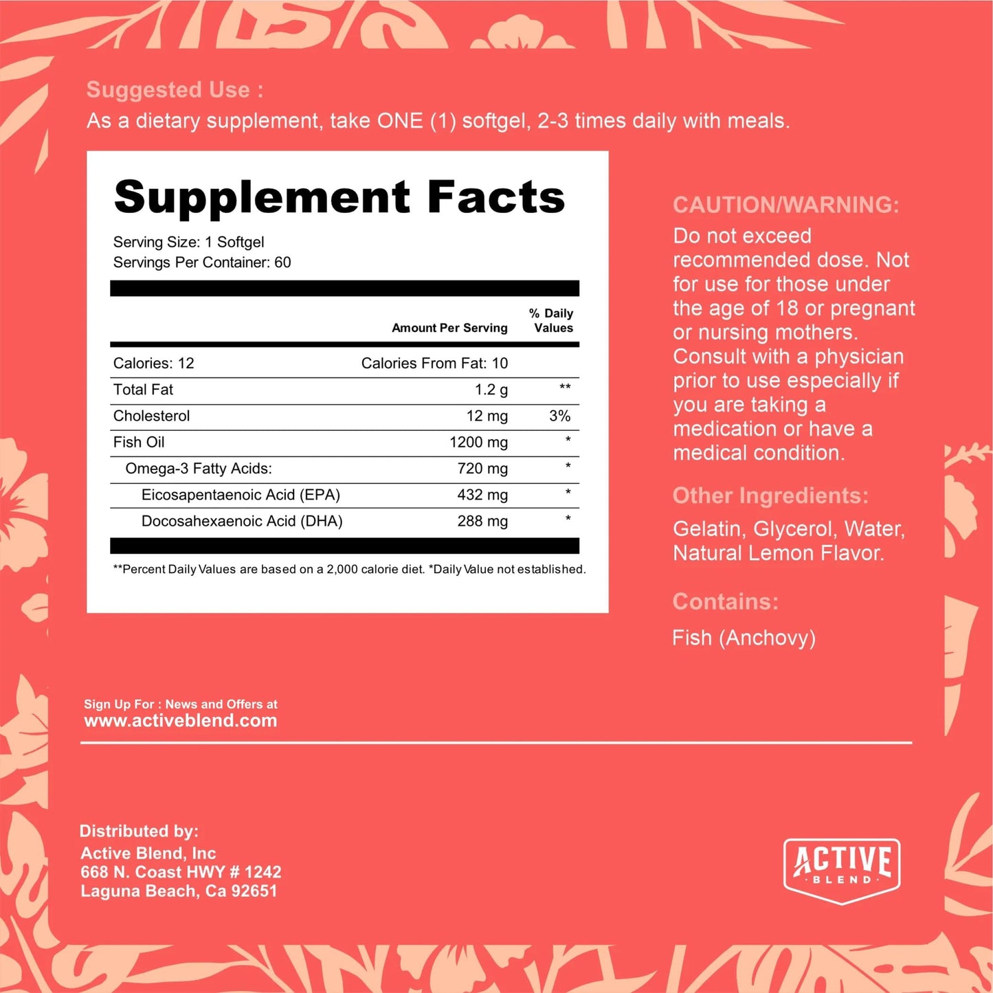 Active Blend Omega-3 Fish Oil 1250mg Triple Strength with 690mg EPA & 260mg DHA, Wild-Caught, No Fishy Aftertaste Softgels, 60 Count