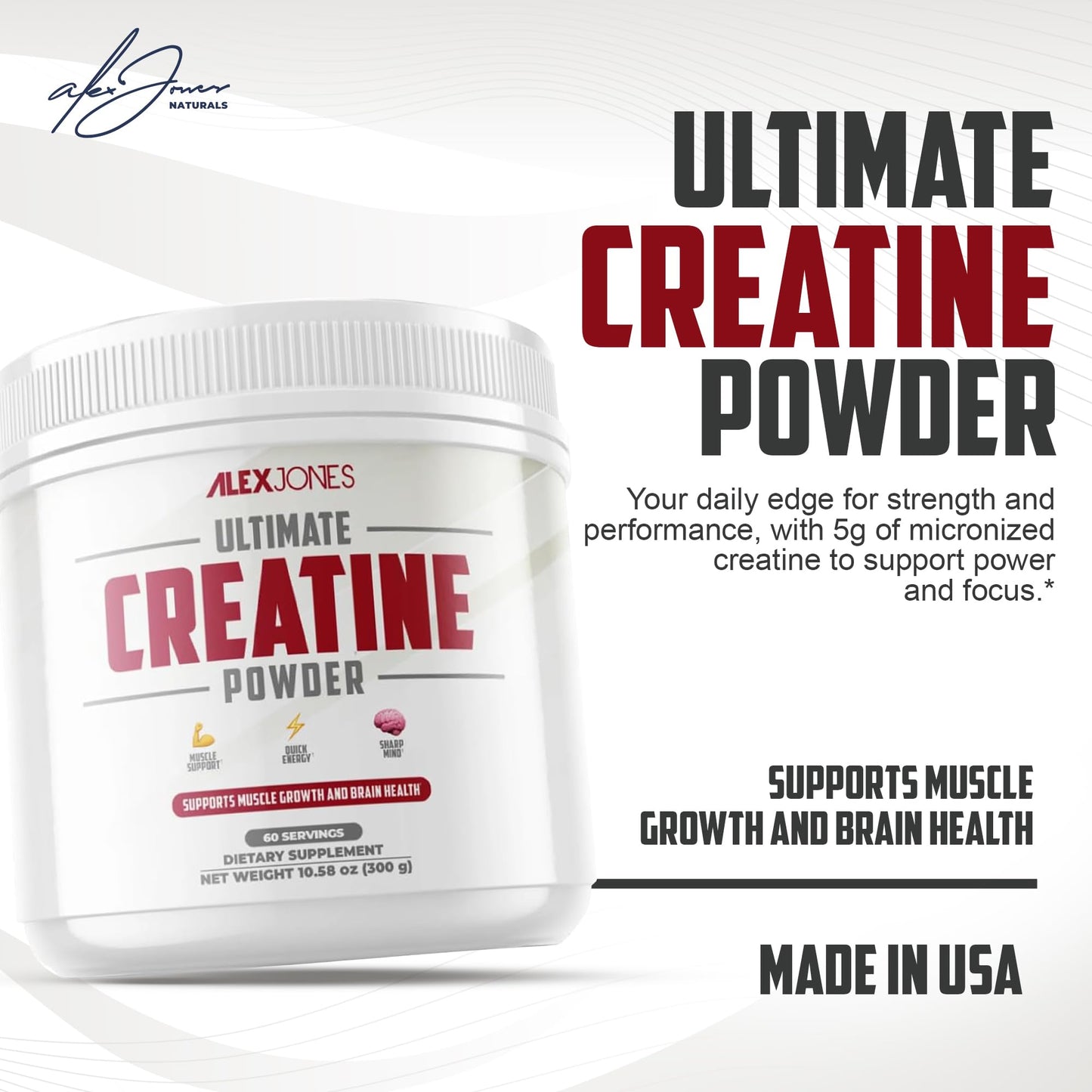 Alex Jones Naturals Micronized Creatine Monohydrate Powder, 10.58 Ounce