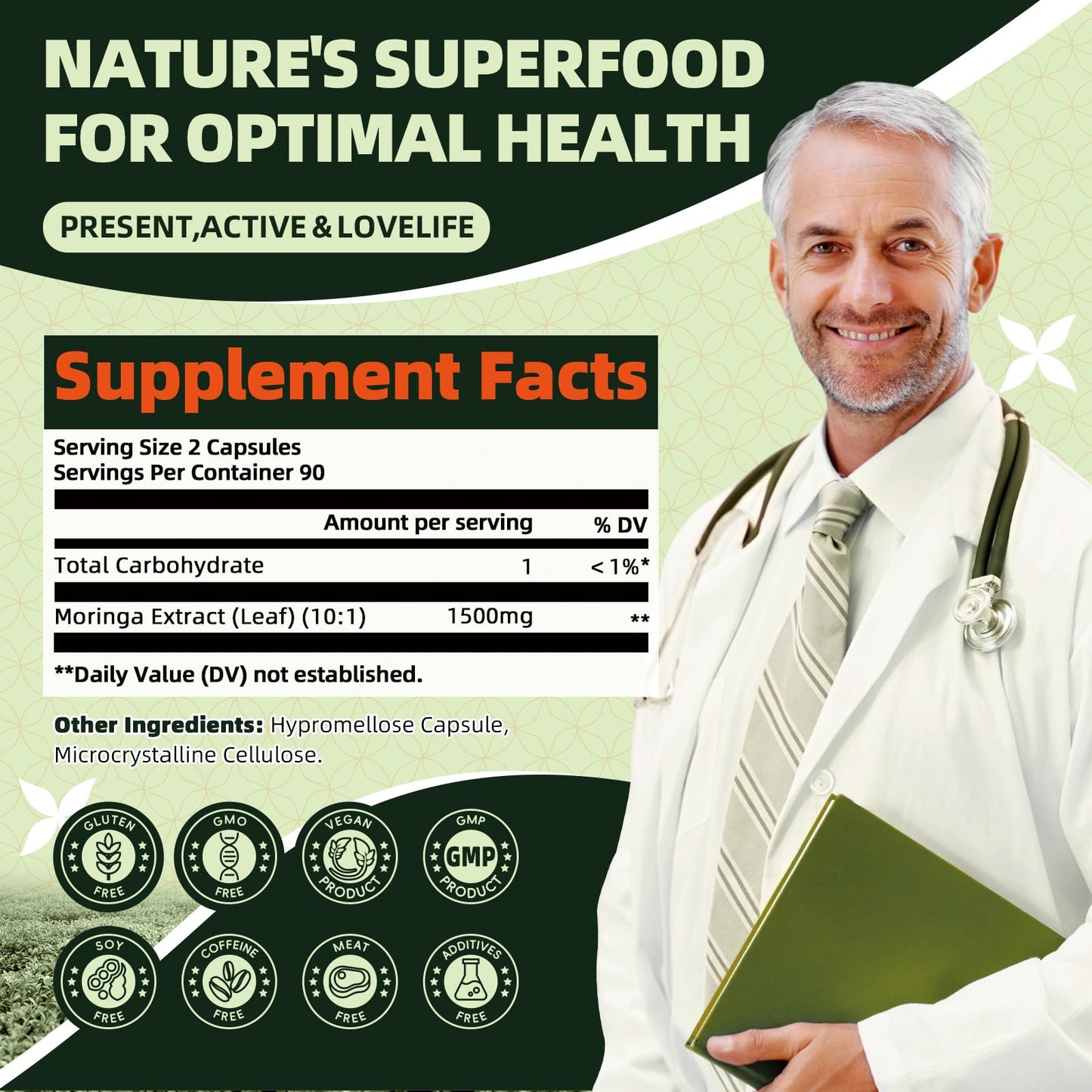 GREENPEOPLE Whole-Leaf Moringa Capsules 1500mg, 180 Count