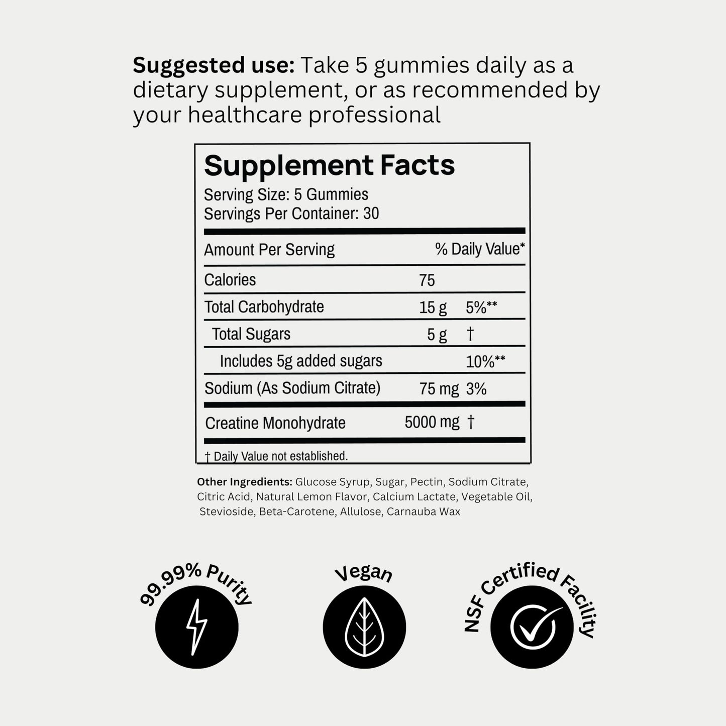 BOD Creatine Gummies, Creatine Monohydrate, Lemon Drop, 5g per Serving, 150 Gummies