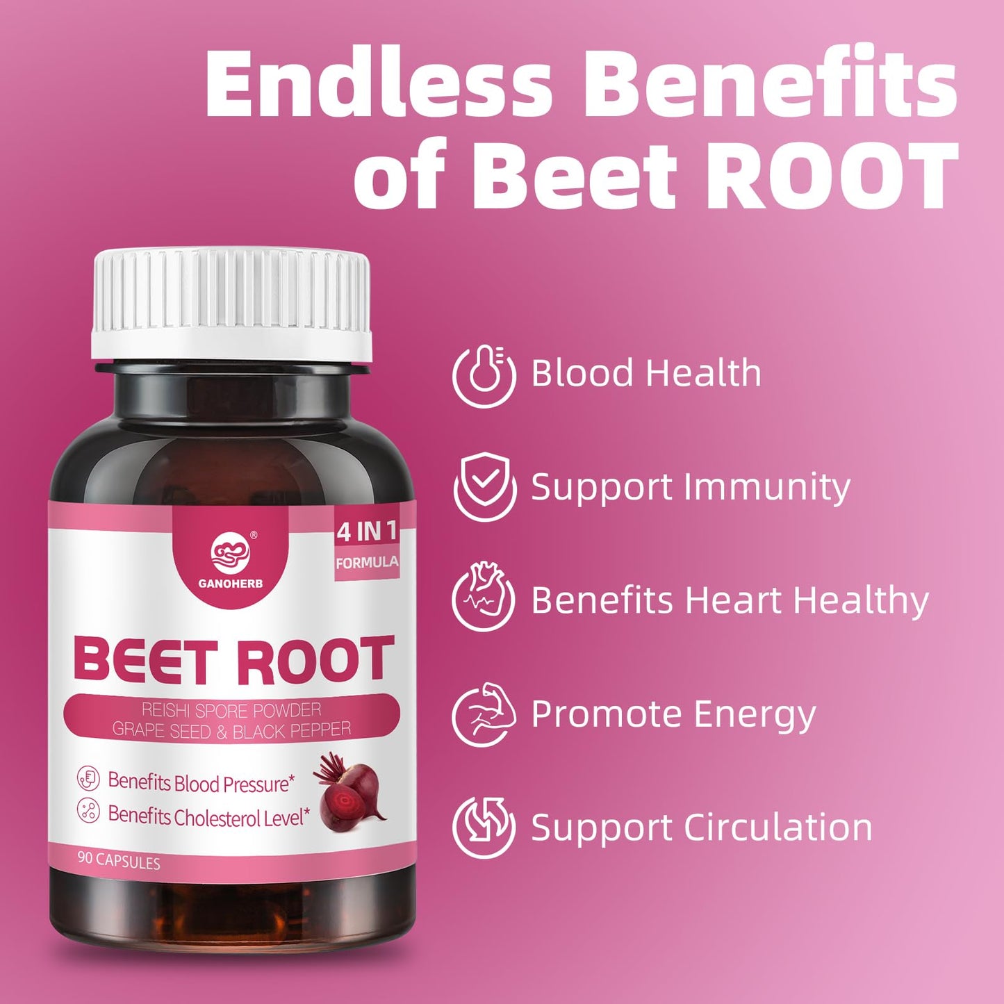 GANOHERB Beet Root Capsules with Grape Seed Extract, Reishi Mushroom, Black Pepper, Beet Root Supplement 4 in 1 for Nitric Oxide and Health Circulation, 90 Rapid Release Capsules
