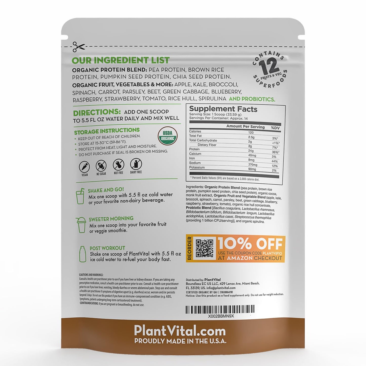 PlantVital Vegan Protein Powder, Chocolate, Plant Based, Organic, Gluten-Free, Keto-Friendly, 16 oz