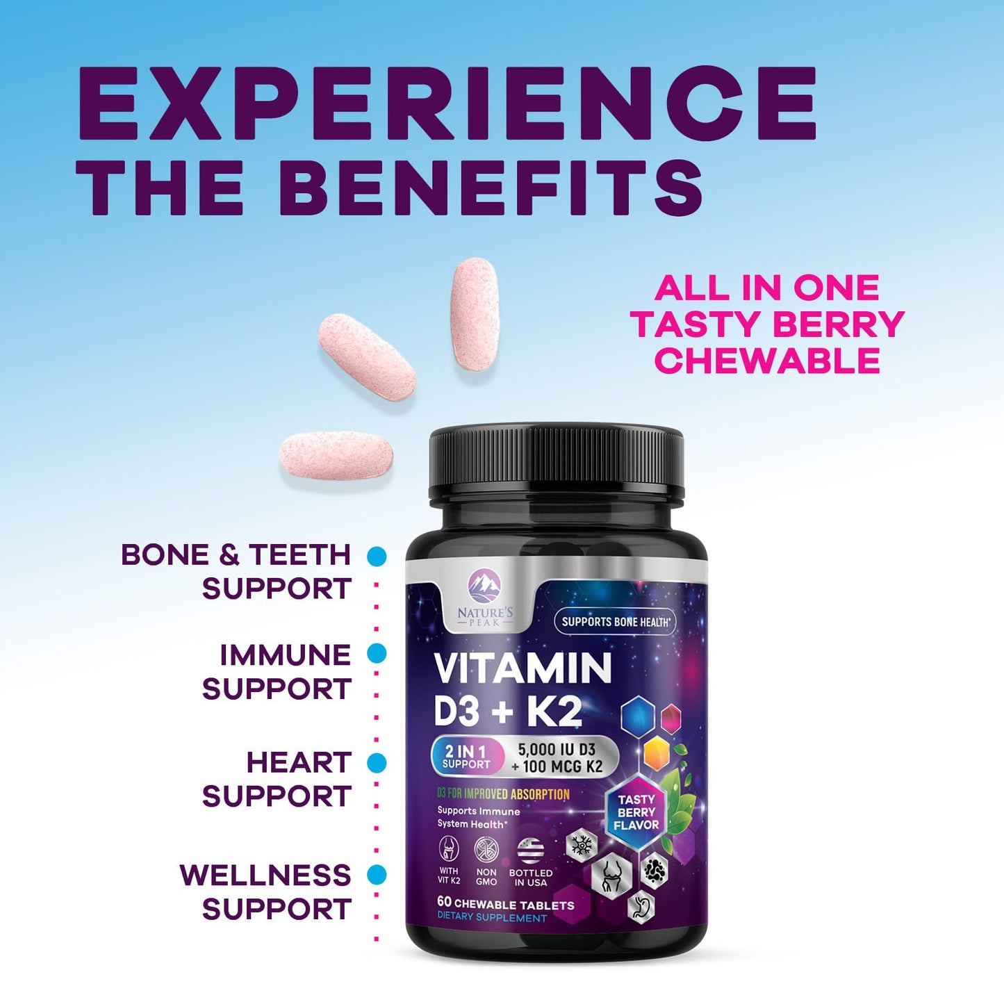 Nature's Peak Vitamin D3 K2 Tablet 5000 IU D3 & 100 mcg K2 MK-7 per Serving, 60 Count