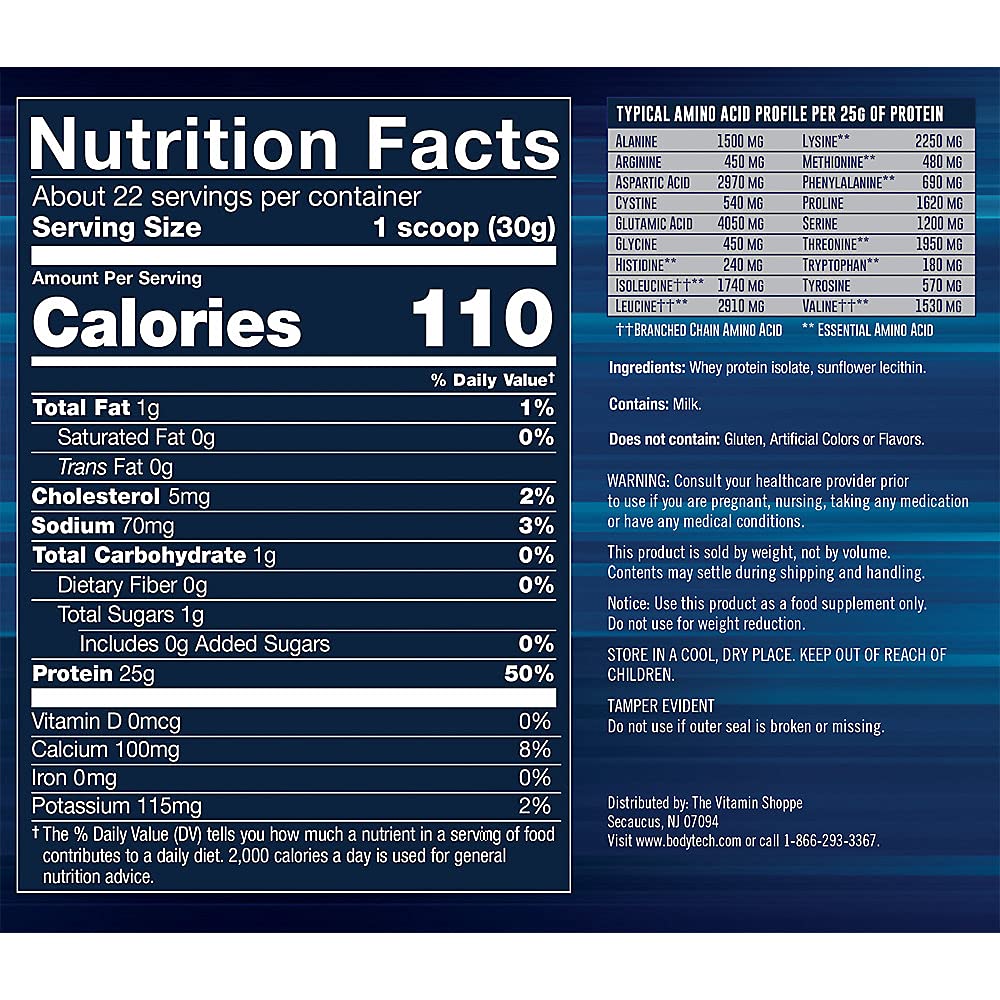BodyTech Whey Protein Isolate Powder, 24 Servings