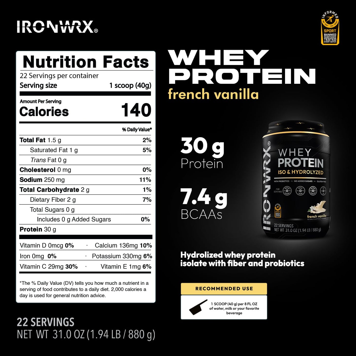 IRONWRX 100% Hydrolyzed Whey Protein Isolate Powder 31 Servings