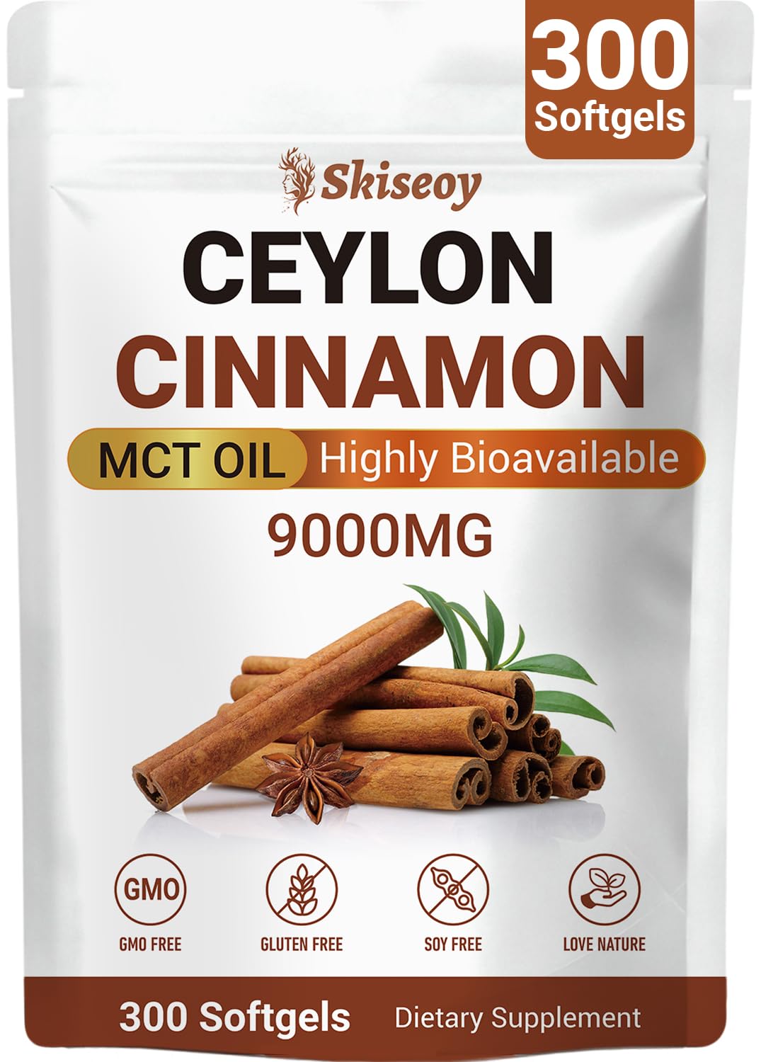 Skiseoy Premium Ceylon Cinnamon with MCT Oil, 300 Softgels