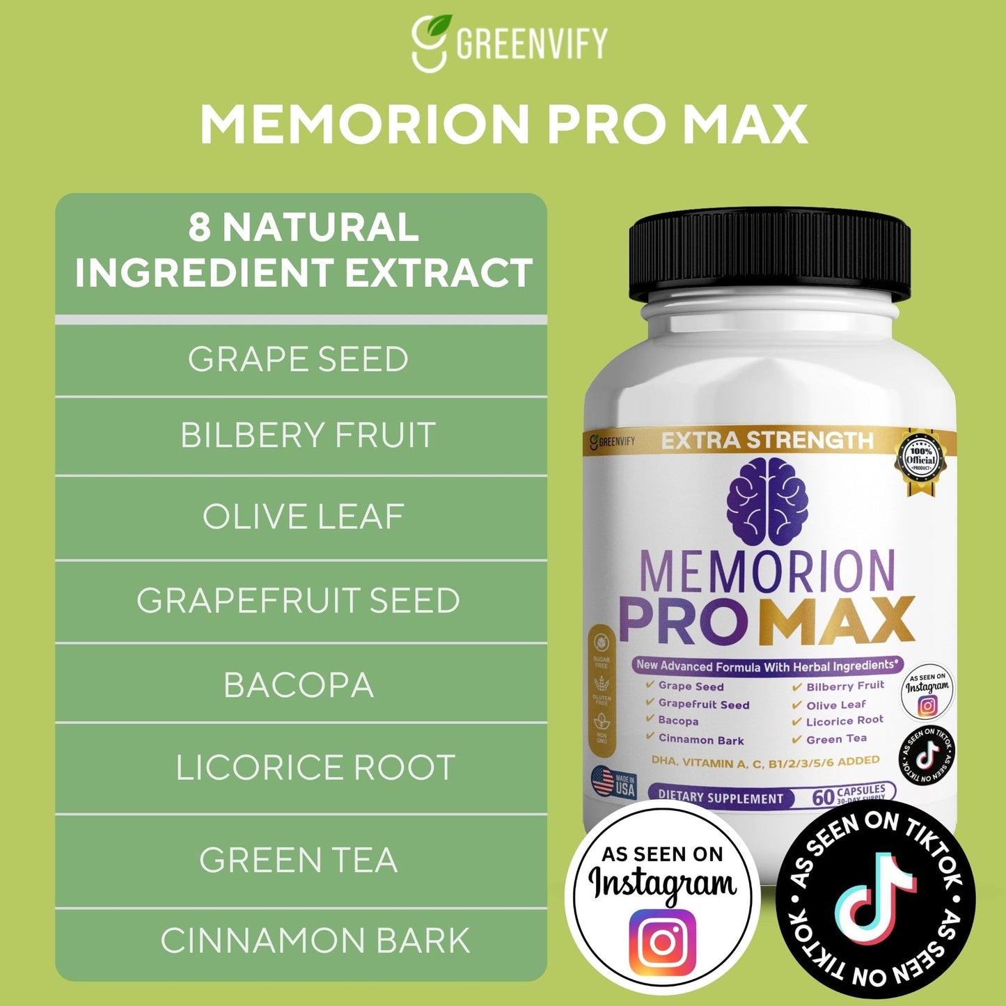 GREENVIFY Memorion Pro Max Extra Strength Brain Support Supplement Capsule, 60 Capsules