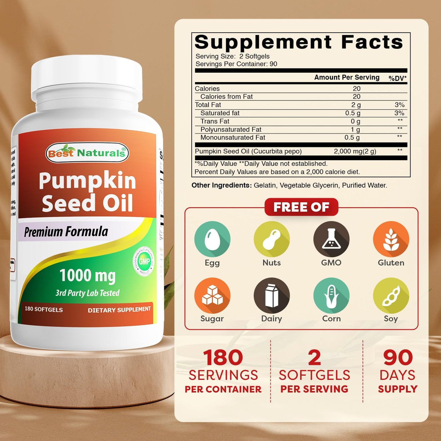 Best Naturals Pumpkin Seed Oil Bladder Control 1000 mg Softgels 180 Count