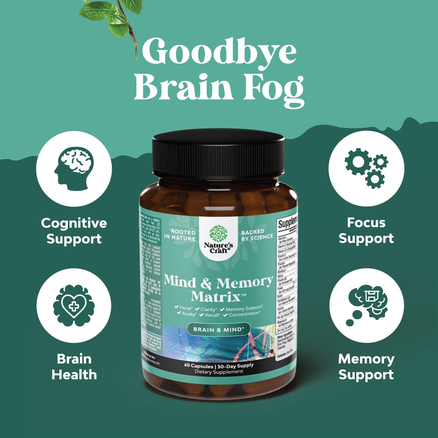 Natures Craft Advanced Brain Supplement for Memory and Focus Capsules 60 Count
