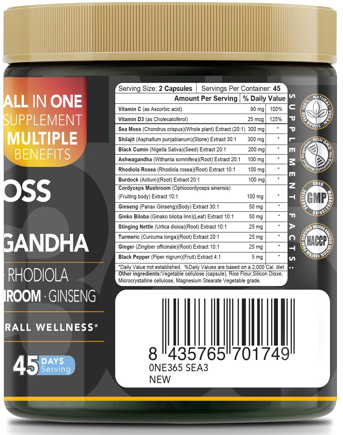 ONE 365 Sea Moss Shilajit Ashwagandha Energy Herbal Complex Supplement Capsule 90 Count