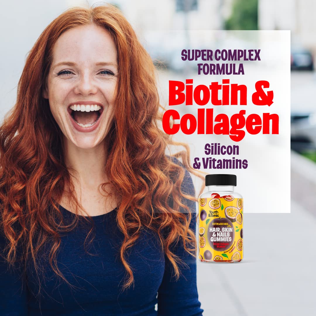 Youth & Tonic Biotin 6000mcg Hair Gummies with Collagen, Silicon, PABA & Multivitamins, Hair Skin & Nails Support, 70 Gummies
