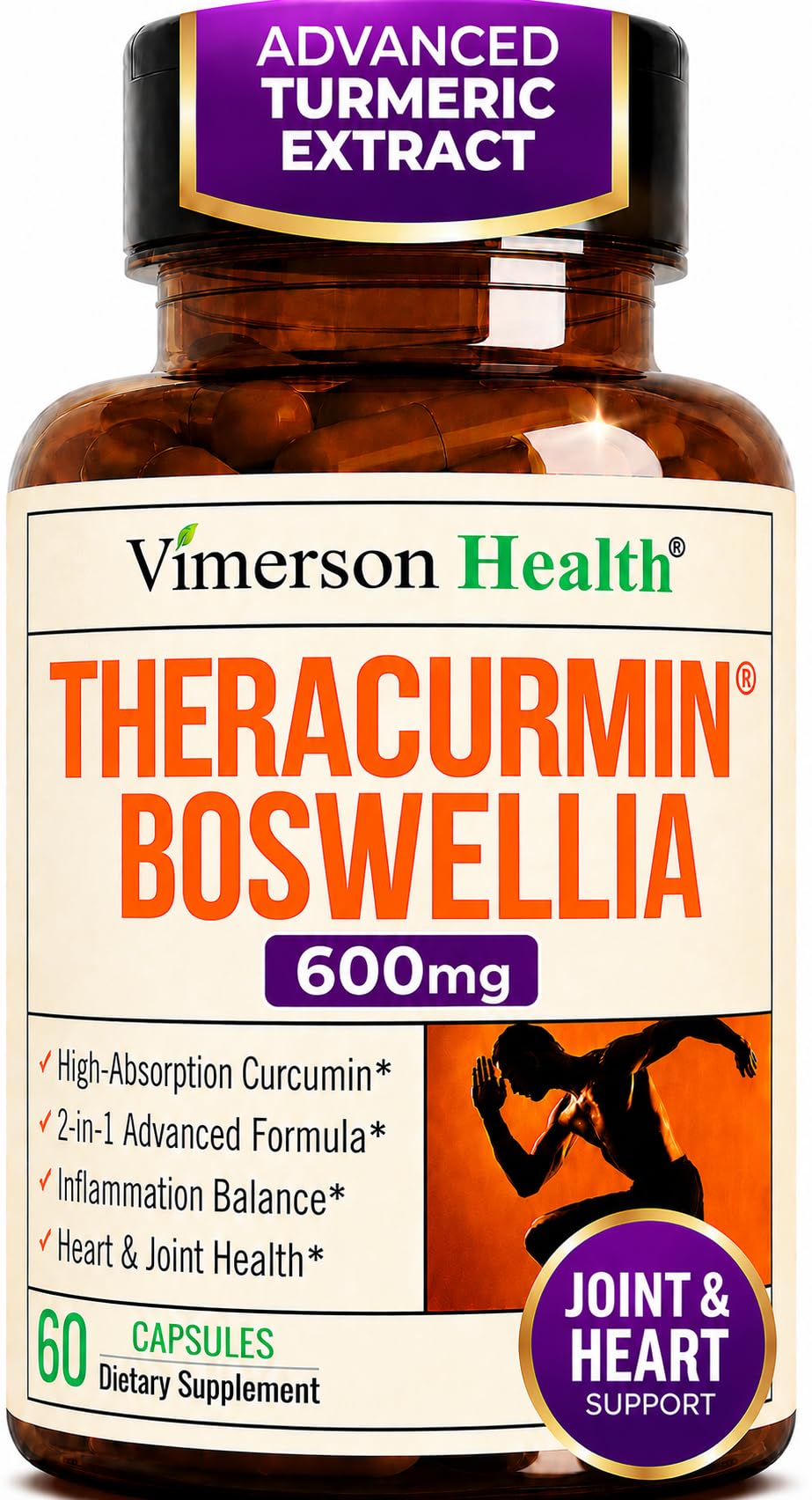 Vimerson Health Advanced Turmeric Curcumin Supplement for Joint Support & Inflammation – Enhanced Absorption Theracurmin 600mg with Boswellia Serrata for Mobility & Recovery – Vegan, Gluten Free, 60 Capsules