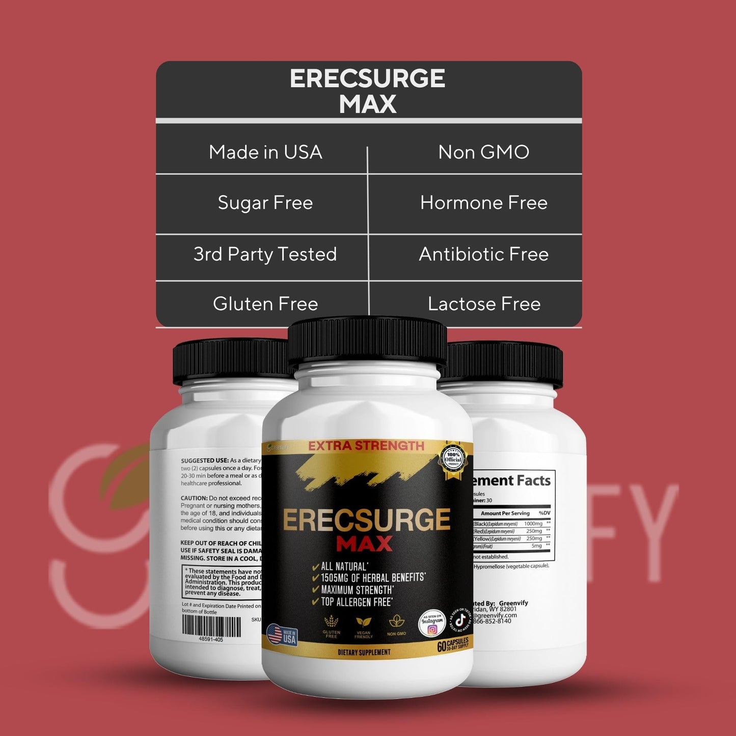 GREENVIFY Erecsurge Max Extra Strength Herbal Supplement Capsules 120 Count