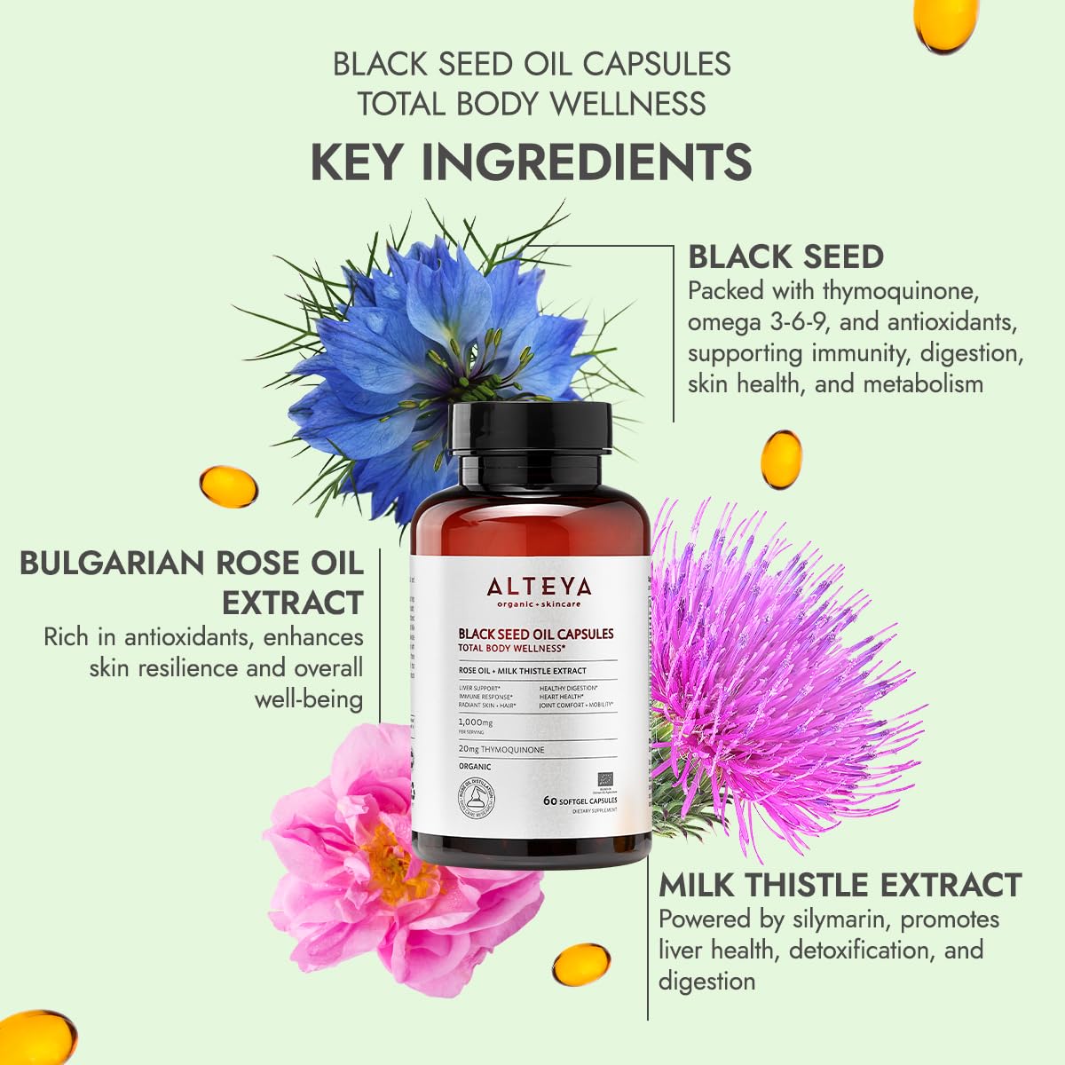 Alteya Black Seed Oil and Rose Oil Supplement with Milk Thistle Extract Capsule 60 Count