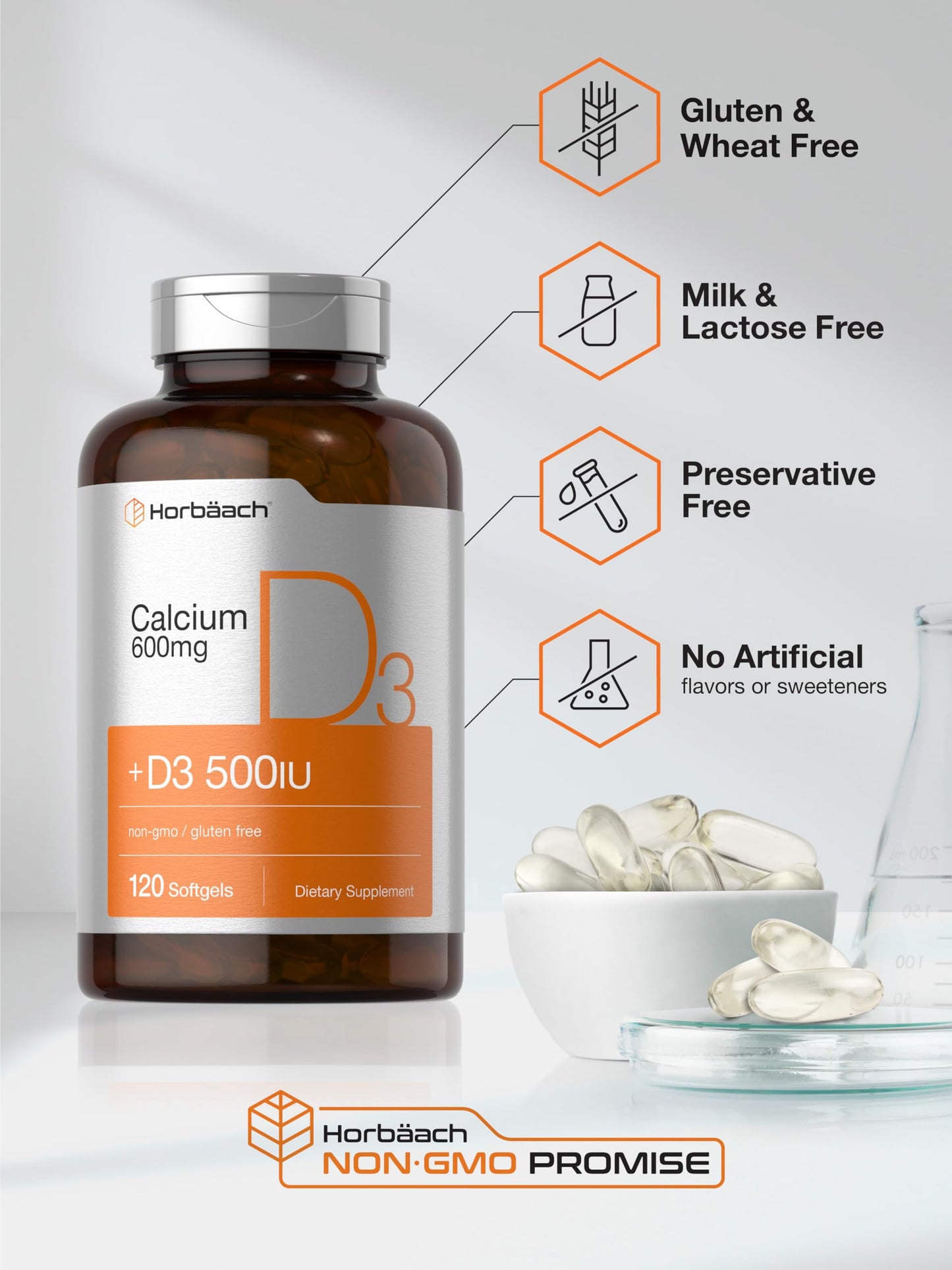 Horbäach Calcium Supplement with Vitamin D3 600 mg Softgels, 120 Count