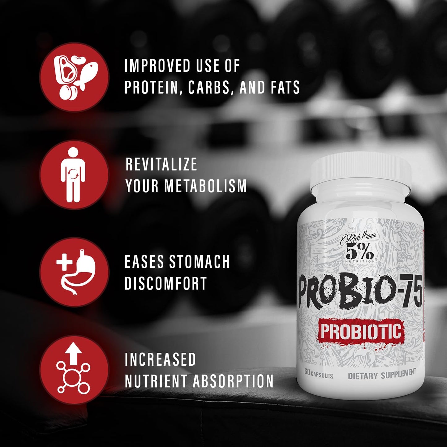5% Nutrition Rich Piana Probio-75 Billion CFUs Capsules, 60 Count
