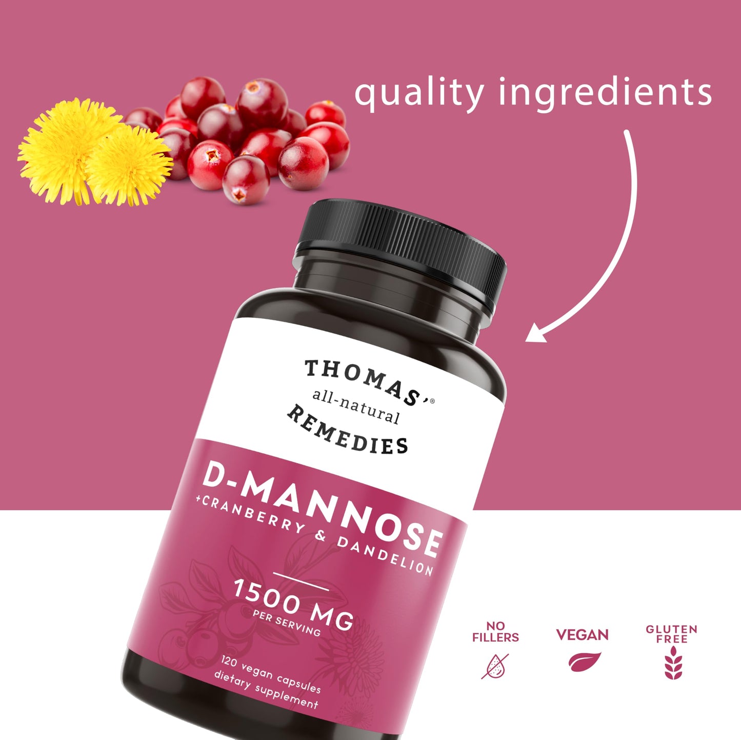 Thomas' all-natural Remedies D-mannose 1200mg with Cranberry and Dandelion, 120 Capsules