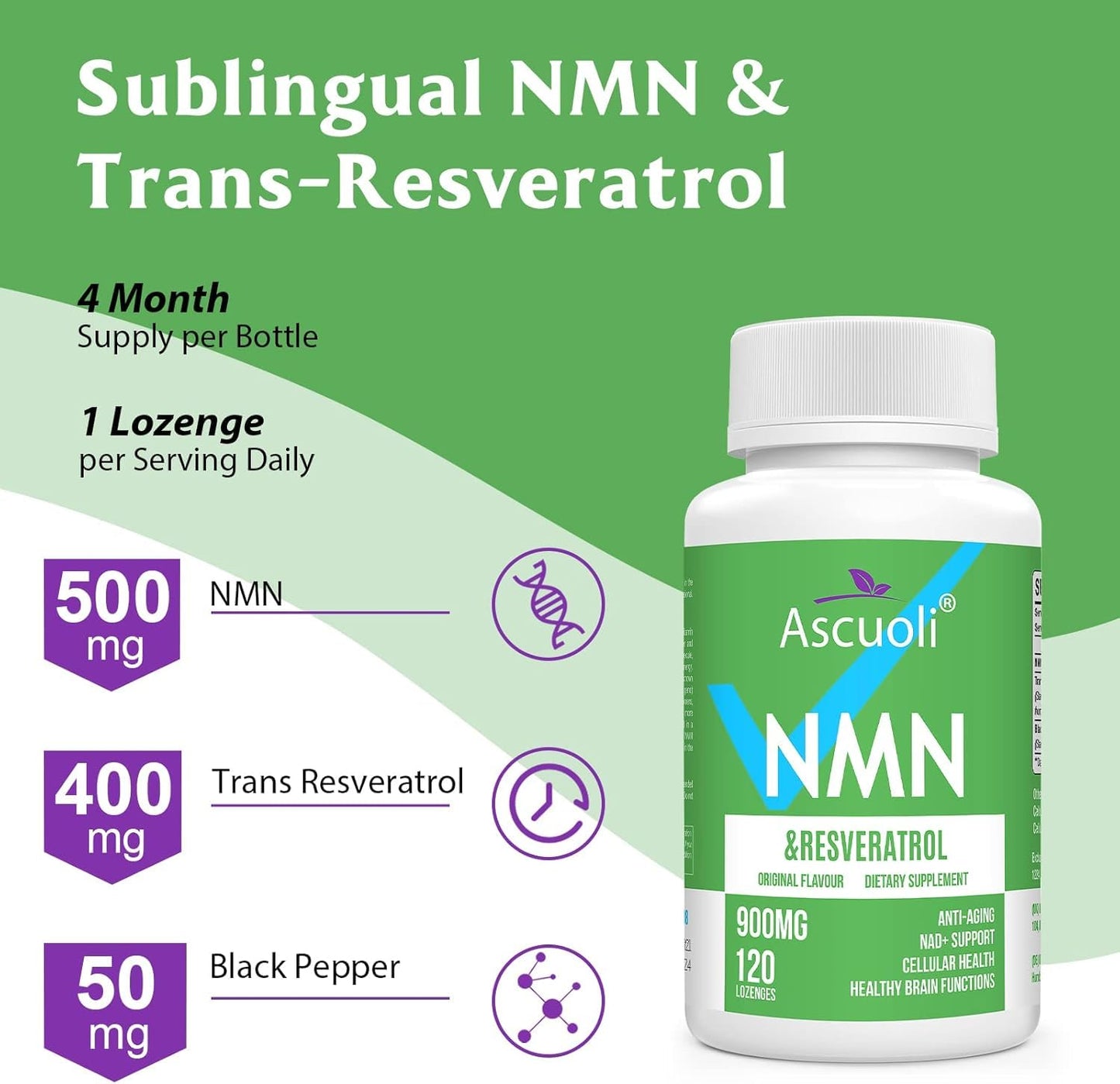 Ascuoli NMN + Trans-Resveratrol Tablet, 120 Count