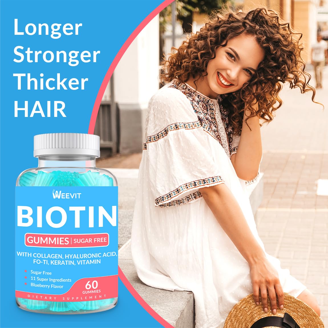 WEEVIT Biotin Gummies Sugar-Free with Collagen, Keratin & Hyaluronic Acid for Hair, Skin & Nails, Vitamin B7 Supplement, Non-GMO, 120 Gummies