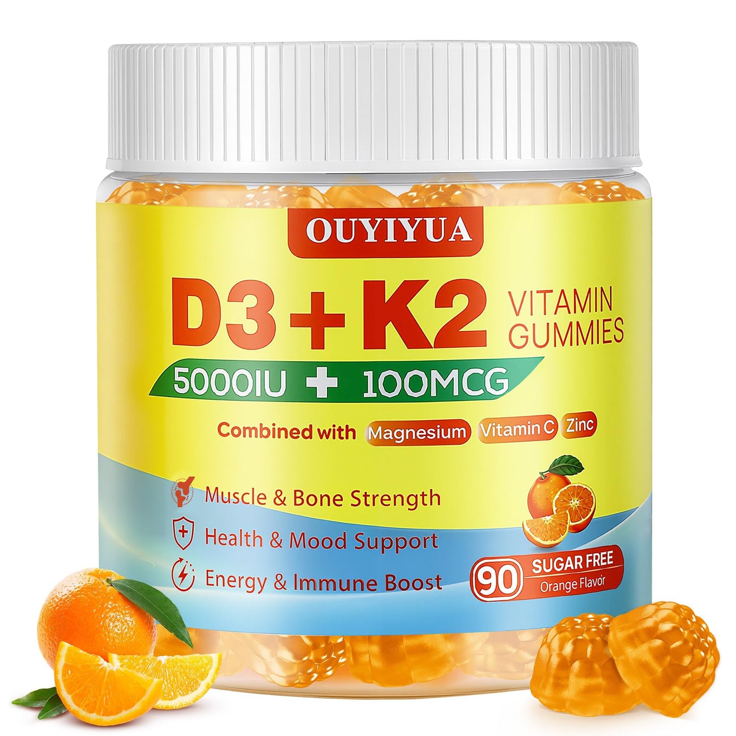 OUYIYUA Vitamin D3 K2 Gummies, 5000IU + 100mcg, 90 Count