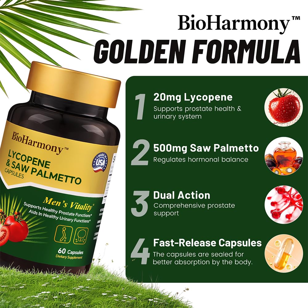 BioHarmony Saw Palmetto for Men Prostate Health Supplement with 500mg Saw Palmetto Extract & 20mg Lycopene, 60 Capsules