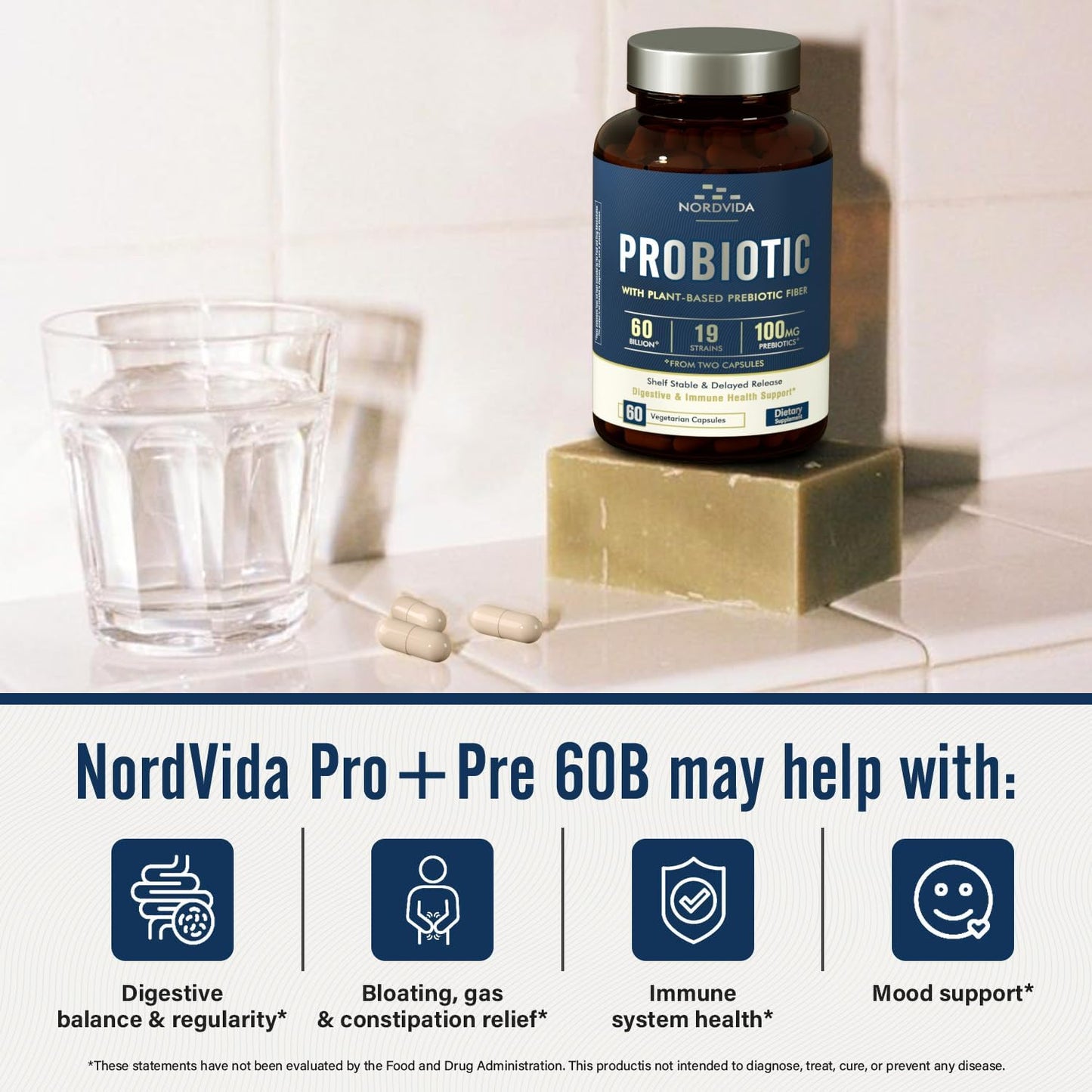 Nordvida Probiotic 60 Billion 19 Strains with Organic Prebiotic for Men & Women, Digestive & Immune Health, Non-GMO, No Dairy, Shelf Stable, Delayed Release Capsule, 60 Vegan Capsules