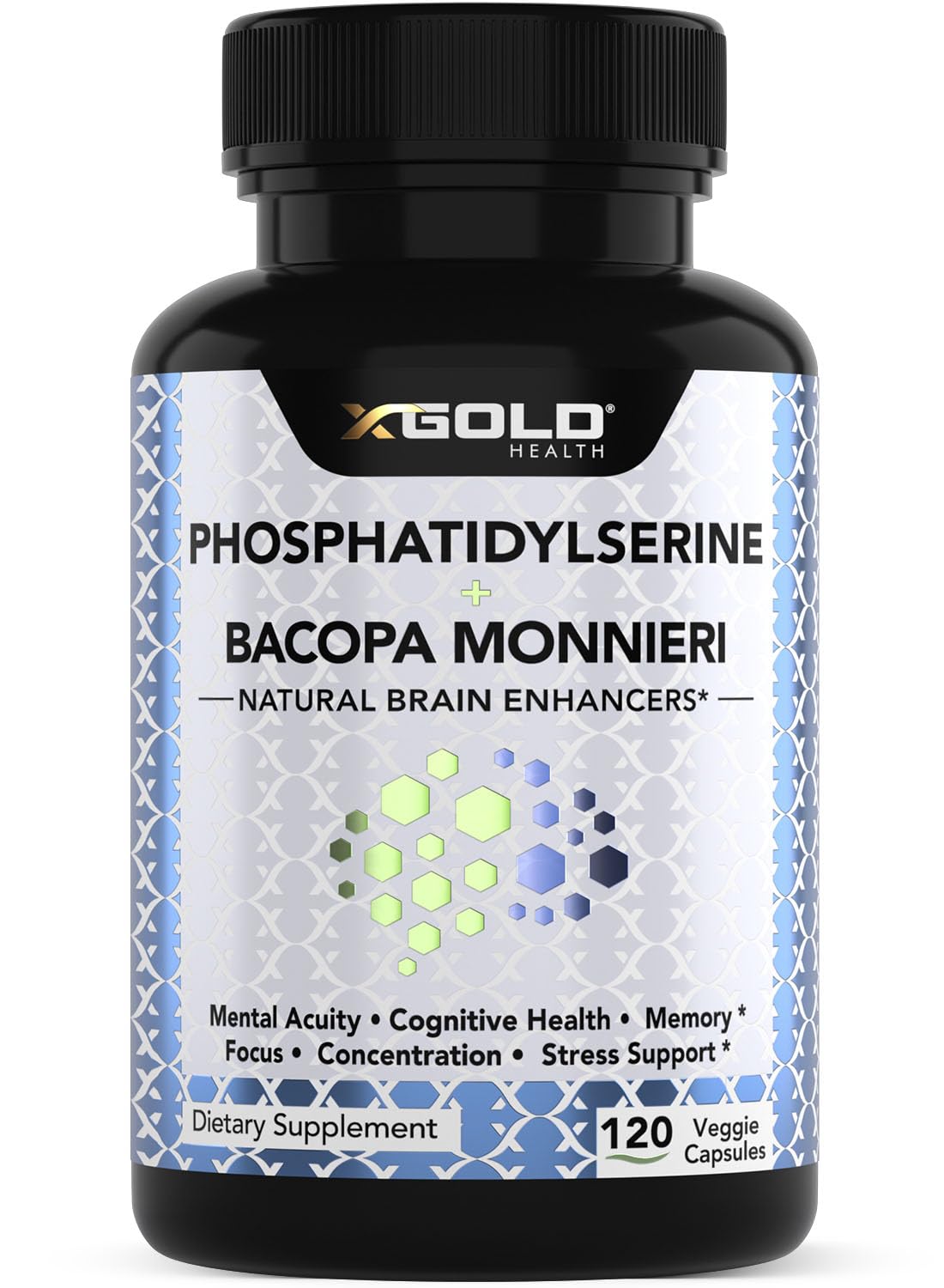 X Gold Health PhosphatidylSerine & Bacopa Monnieri 800 mg 2 in 1 Supplement Capsules, 120 Count