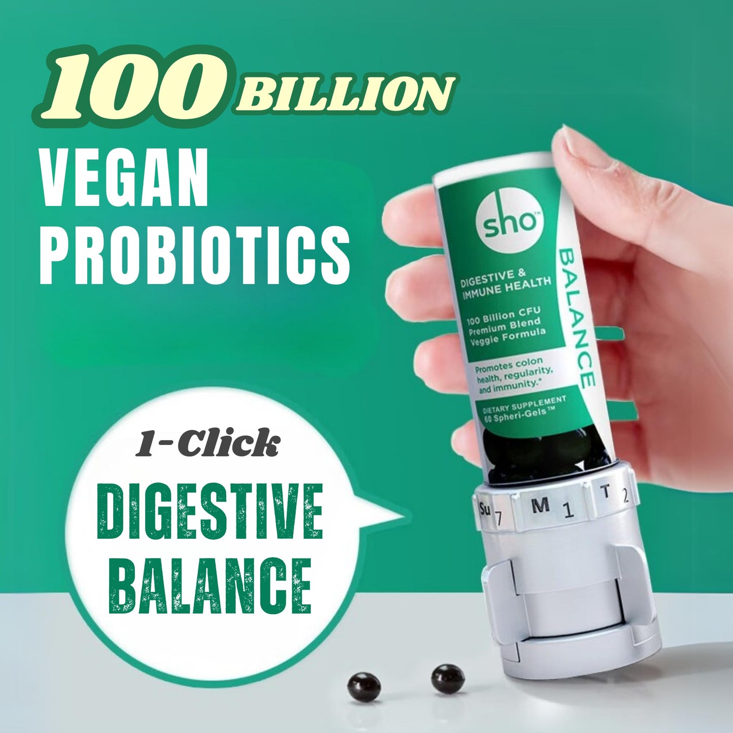 SHO Balance 100 Billion CFU Prebiotics and Probiotics Including Lactobacillus Casei for Digestive Health, Shelf-Stable Vegan Probiotics for Men and Women, 60 Softgels