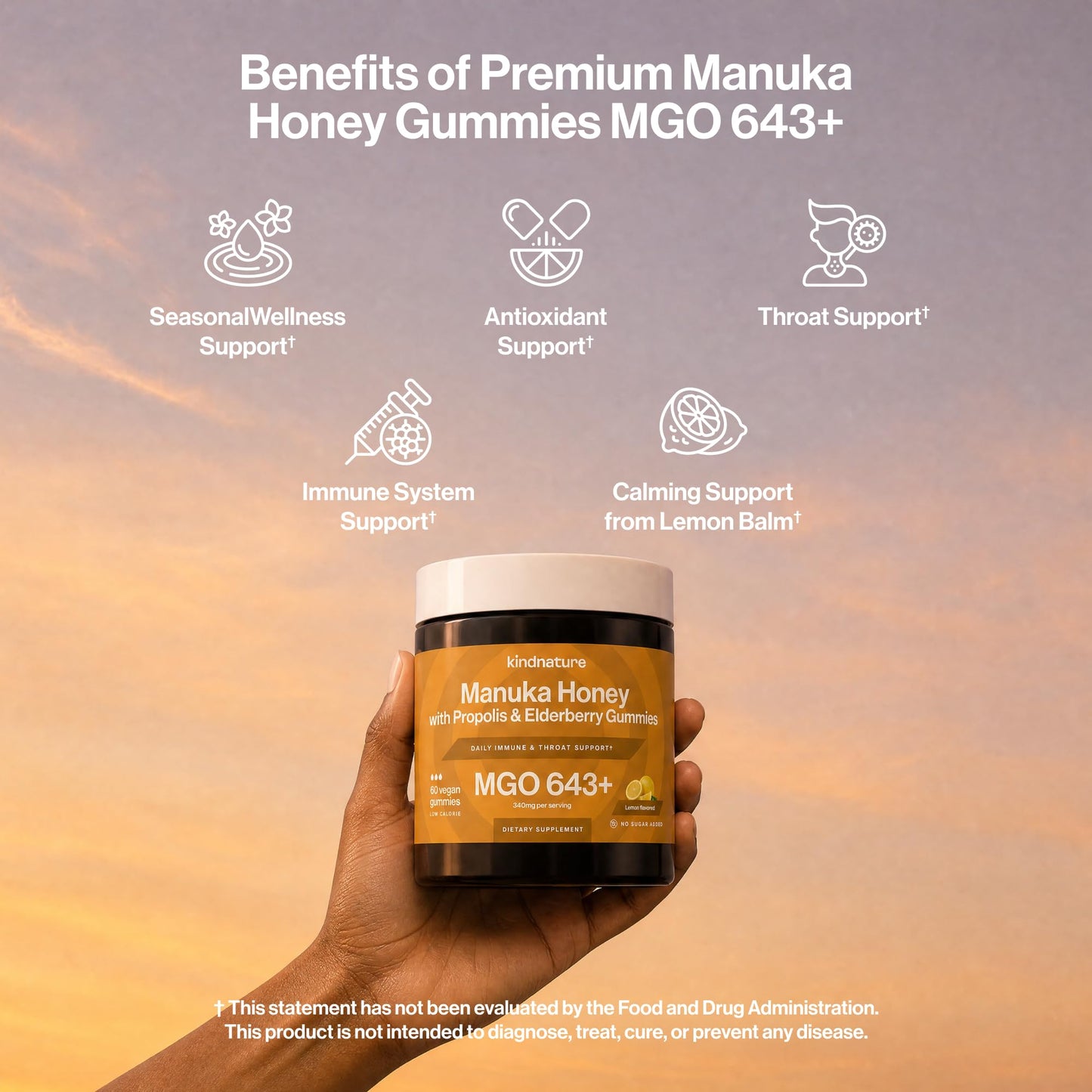 Kindnature Manuka Honey Medical Grade Gummies MGO 643+ with Zinc, Vitamin C, Elderberry - Throat Comfort & Immune Support - 60 Gummies