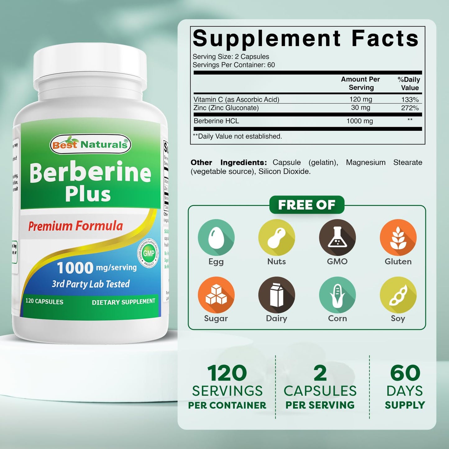 Best Naturals Berberine Plus 1000 mg/Serving Capsule 240 Count