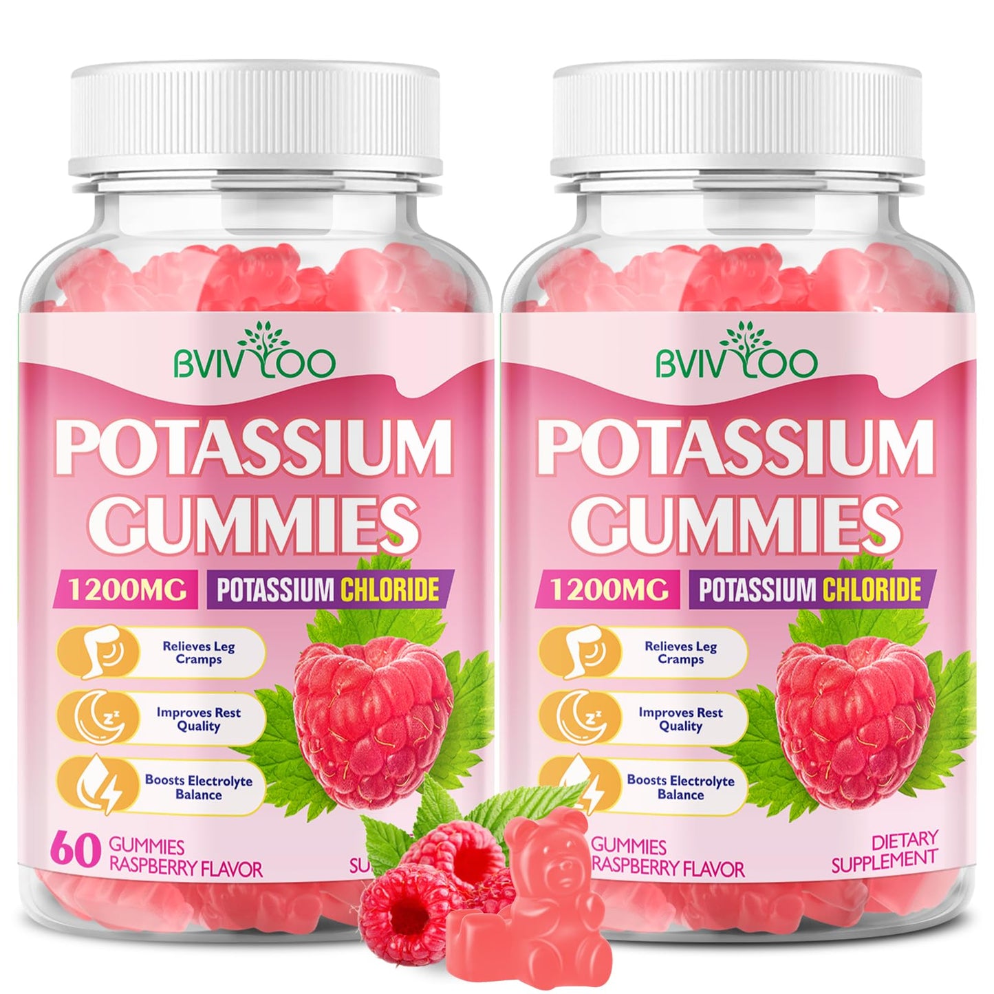 BVIVLOO Potassium Gummies for Adults with 1200mg Potassium Chloride - Supports Muscle Health & Leg Cramps, Raspberry Flavor, 2 Pack