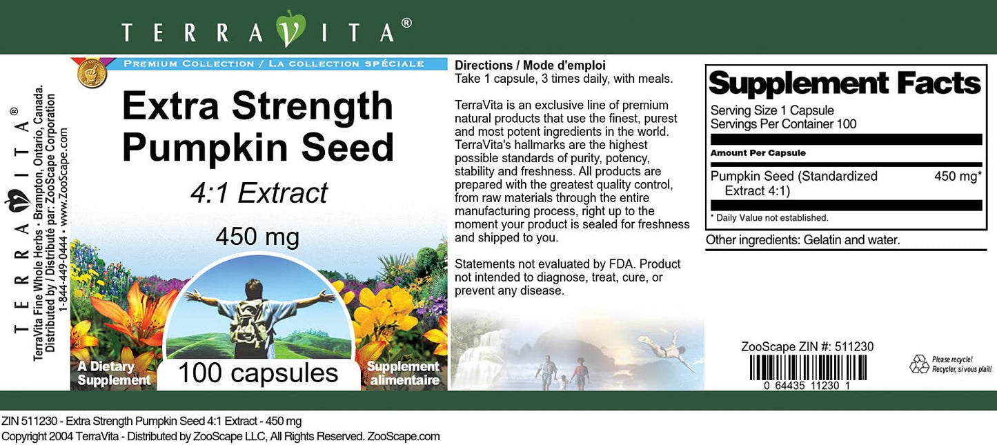 Terravita Extra Strength Pumpkin Seed 4:1 Extract 450 mg Capsules, 100 Count