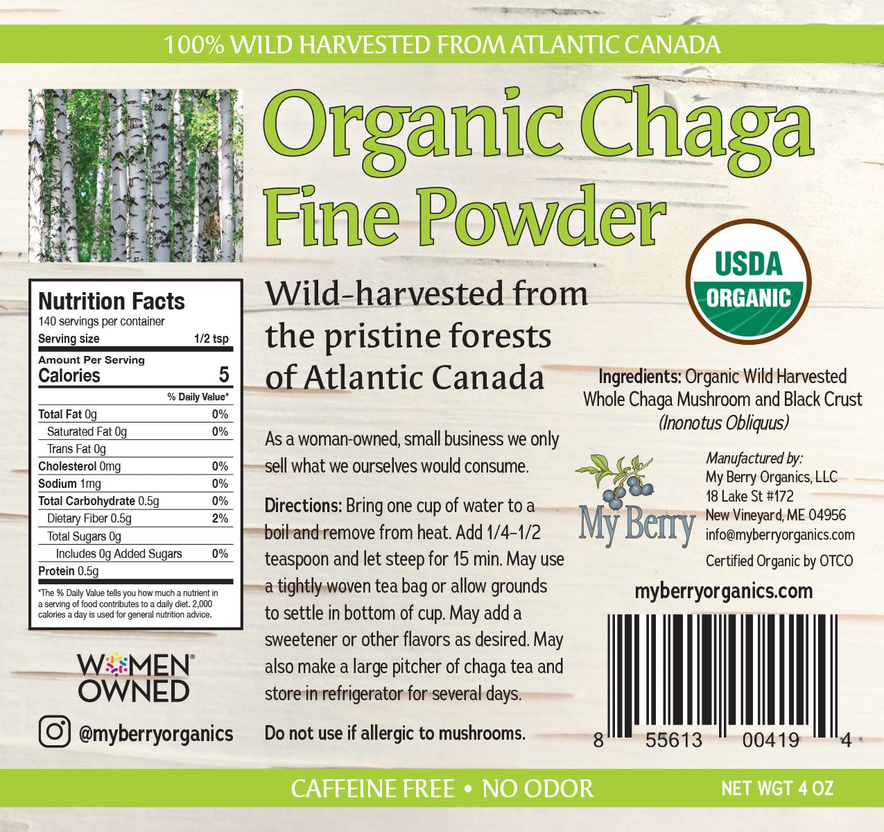 My Berry Organic Chaga Tea Fine Mushroom Powder, 4 oz
