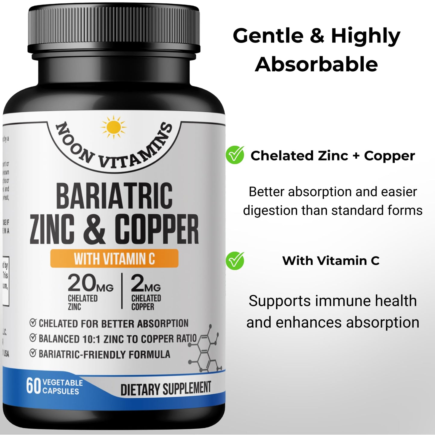 NOON VITAMINS Bariatric Zinc 20mg with Copper 2mg (10:1 Ratio) + Vitamin C – Balanced Bariatric Formula – TRAACS Chelated Zinc Glycinate – Gentle on Stomach – Halal – 60 Capsules