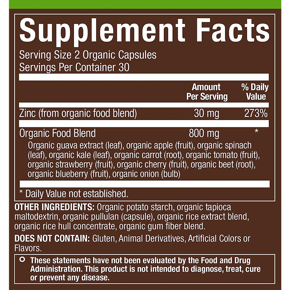 plnt Organic Zinc, Whole Food Mineral Formula for Immune & Skin Support Capsules 60 Capsules